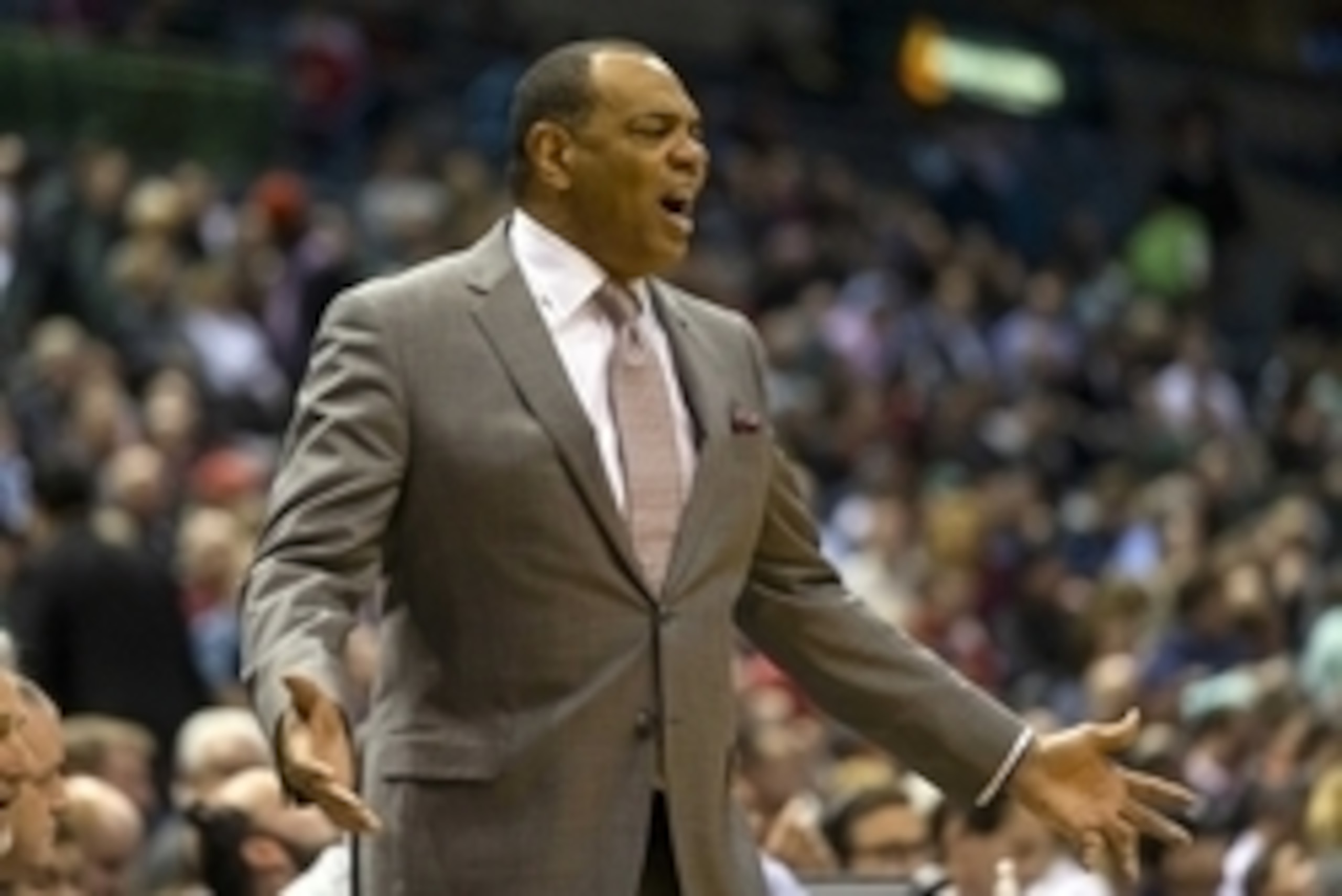 Feb 9, 2015; Milwaukee, WI, USA; Brooklyn Nets head coach Lionel Hollins reacts to a call during the fourth quarter against the Milwaukee Bucks at BMO Harris Bradley Center.  Milwaukee won 103-97.  Mandatory Credit: Jeff Hanisch-USA TODAY Sports
