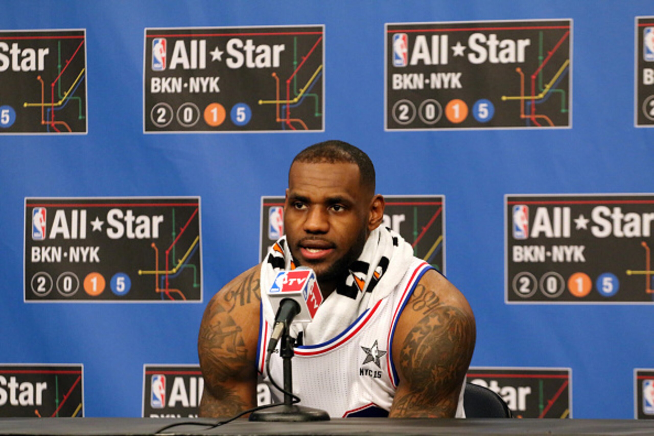 NEW YORK, NY - FEBRUARY 15: LeBron James of the Eastern Conference All-Stars talks to the media  during the 2015 NBA All-Star Game as part of the 2015 All-Star Weekend at Madison Square Garden on February 15, 2015 in New York, New York. NOTE TO USER: User