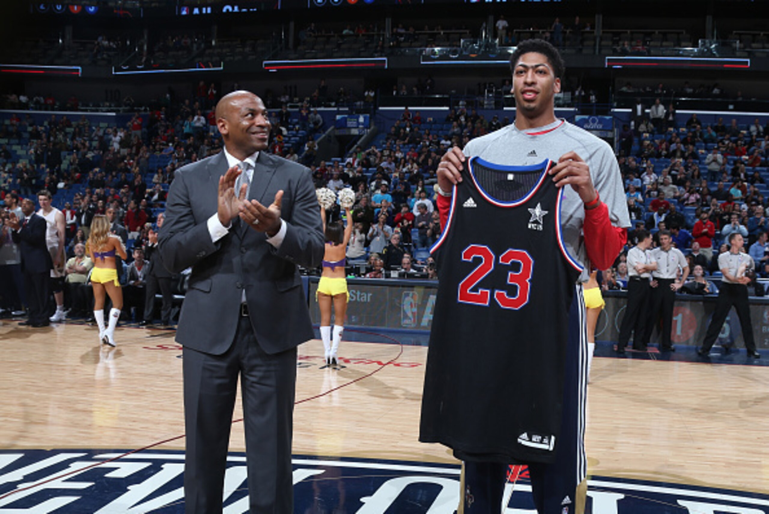 NEW ORLEANS, LA -  FEBRUARY 11:  Anthony Davis #23 of the New Orleans Pelicans receives his all-star jersey before the game against the Indiana Pacers on February 11, 2015 at Smoothie King Center in New Orleans, Louisiana. NOTE TO USER: User expressly ack