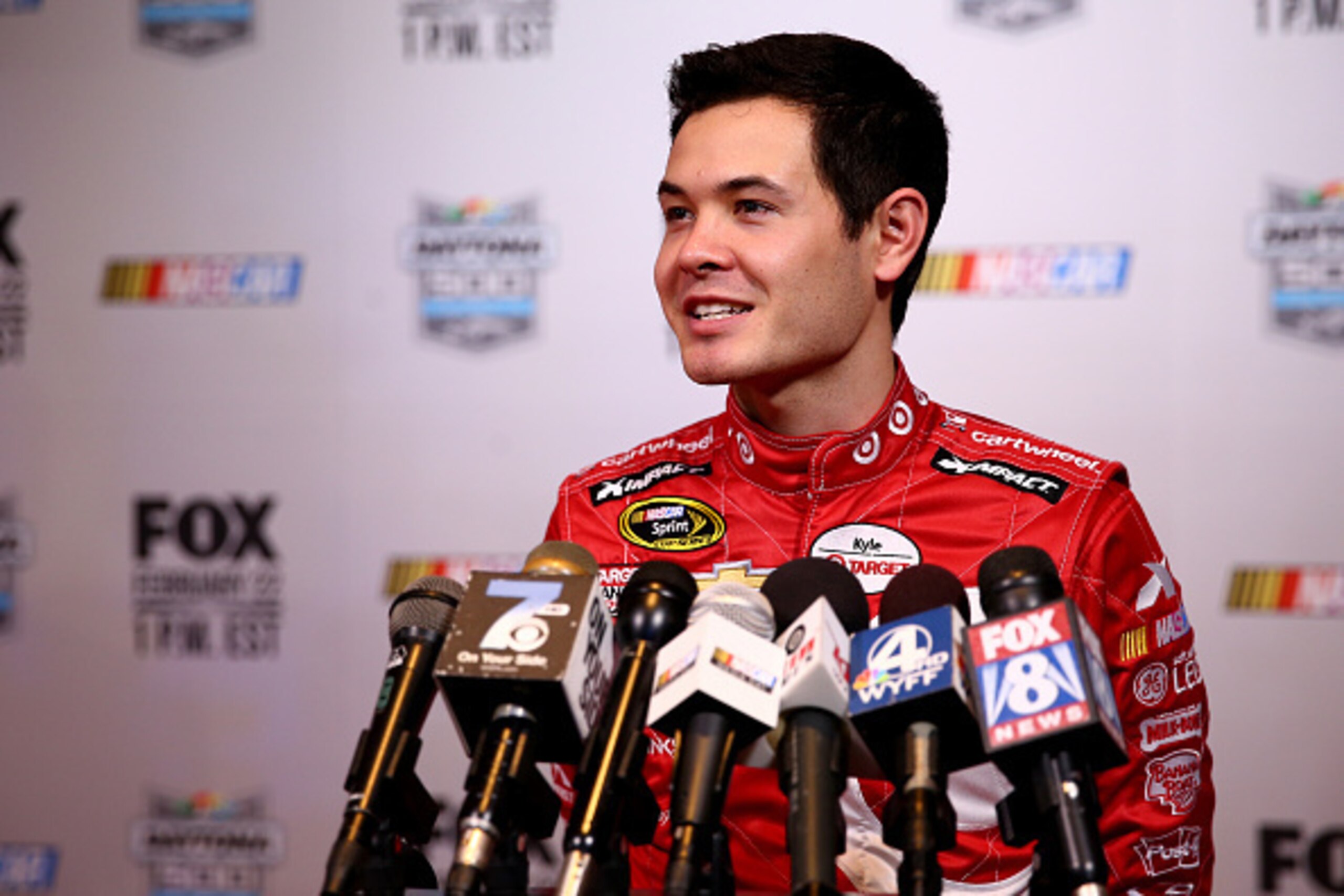 DAYTONA BEACH, FL - FEBRUARY 12:  NASCAR Sprint Cup Series driver Kyle Larson speaks to the media during the 2015 NASCAR Media Day at Daytona International Speedway on February 12, 2015 in Daytona Beach, Florida.  (Photo by Maddie Meyer/Getty Images)