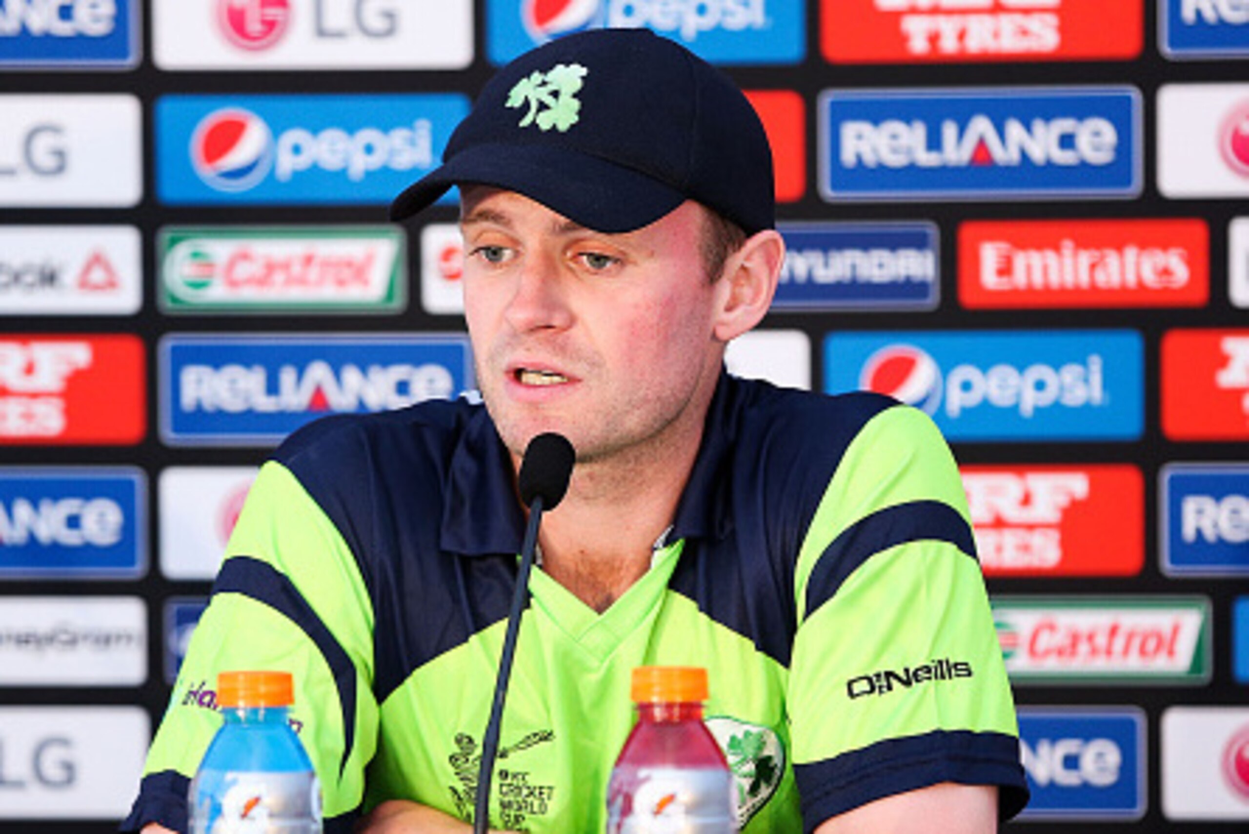 NELSON, NEW ZEALAND - FEBRUARY 16:  William Porterfield of Ireland speaks to media during the 2015 ICC Cricket World Cup match between the West Indies and Ireland at Saxton Field on February 16, 2015 in Nelson, New Zealand.  (Photo by Hagen Hopkins/Getty