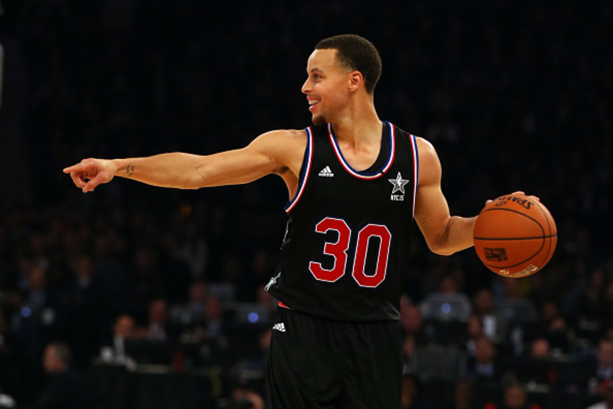 NEW YORK, NY - FEBRUARY 15:  Stephen Curry #30 of the Golden State Warriors and the Western Conference points during the 2015 NBA All-Star Game at Madison Square Garden on February 15, 2015 in New York City.  NOTE TO USER: User expressly acknowledges and 