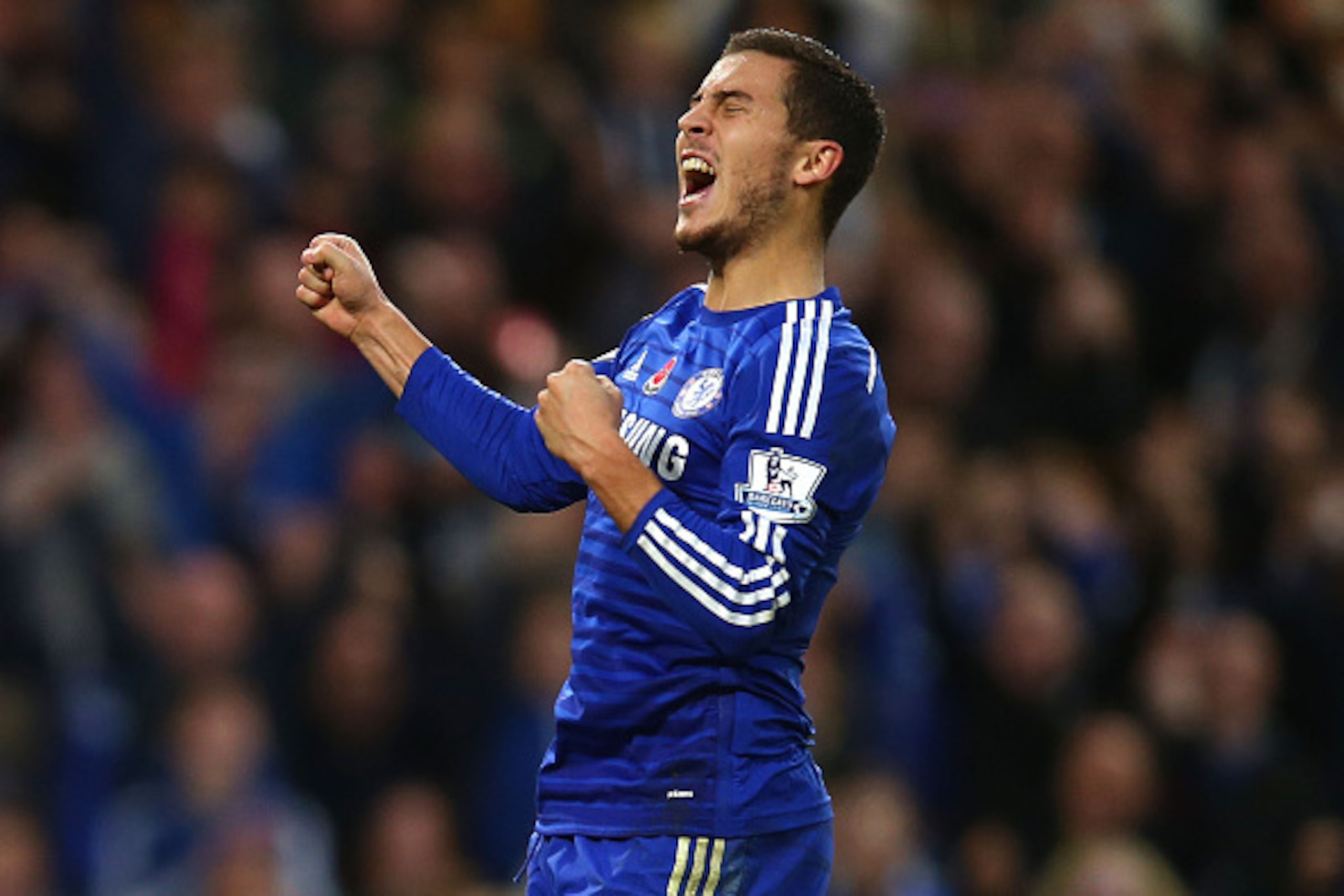 LONDON, ENGLAND - NOVEMBER 01:  Eden Hazard of Chelsea celebrates his goal during the Barclays Premier League match between Chelsea and Queens Park Rangers at Stamford Bridge on November 1, 2014 in London, England.  (Photo by Clive Rose/Getty Images)