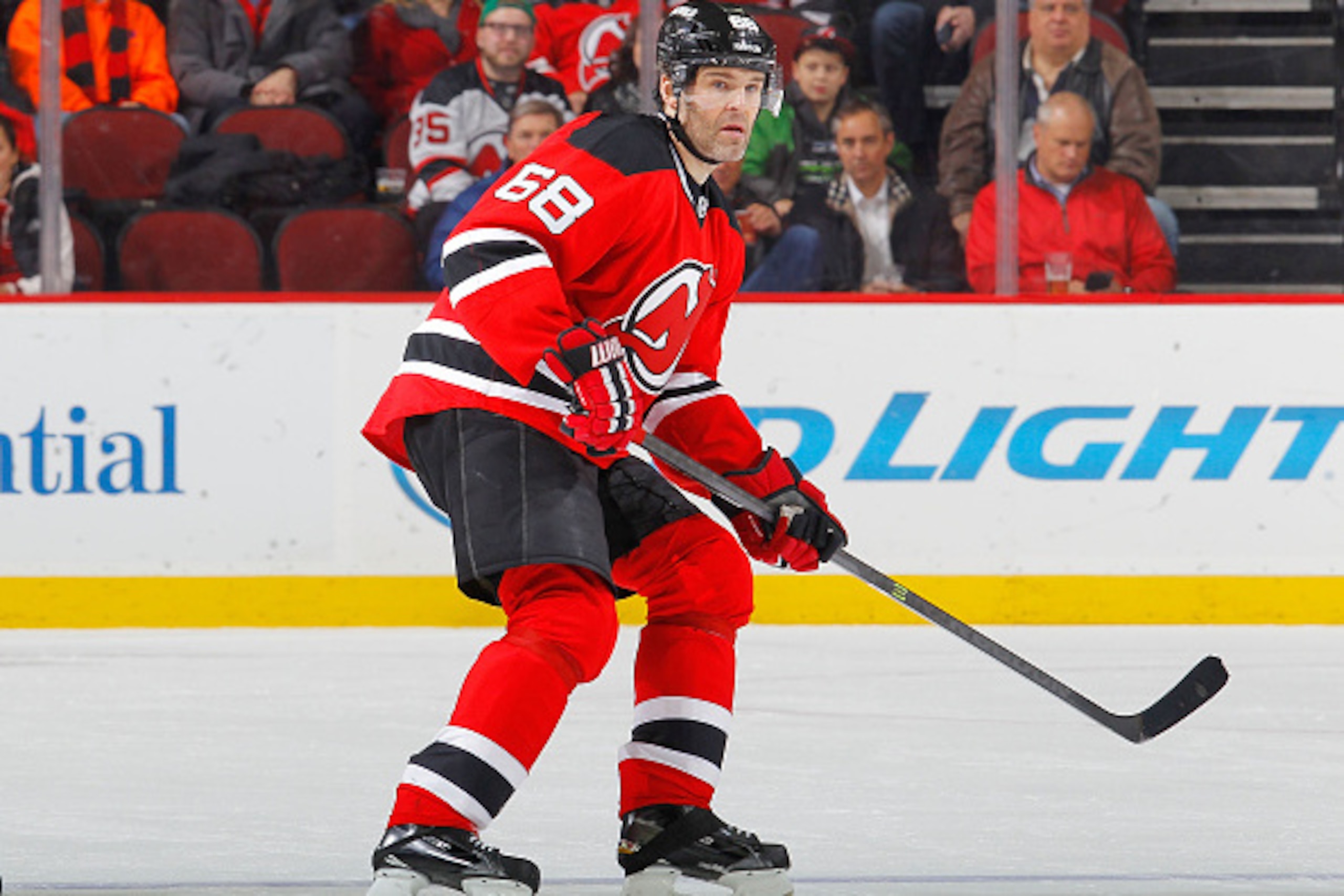 NEWARK, NJ - FEBRUARY 03:  Jaromir Jagr #68 of the New Jersey Devils in action against the Ottawa Senators at the Prudential Center on February 3, 2015 in Newark, New Jersey. The Devils defeated the Senators 2-1.  (Photo by Jim McIsaac/Getty Images)
