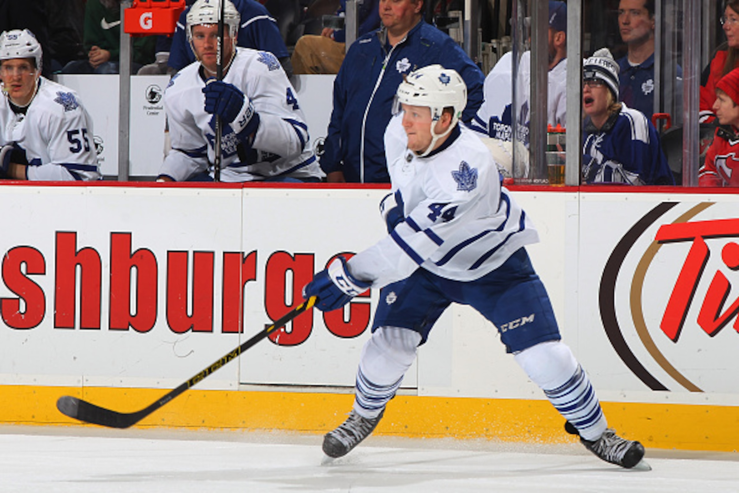NEWARK, NJ - FEBRUARY 06: Morgan Rielly #44 of the Toronto Maple Leafs skates during game action against the New Jersey Devils at the Prudential Center on February 6, 2015 in Newark, New Jersey.  (Photo by Andy Marlin/NHLI via Getty Images)