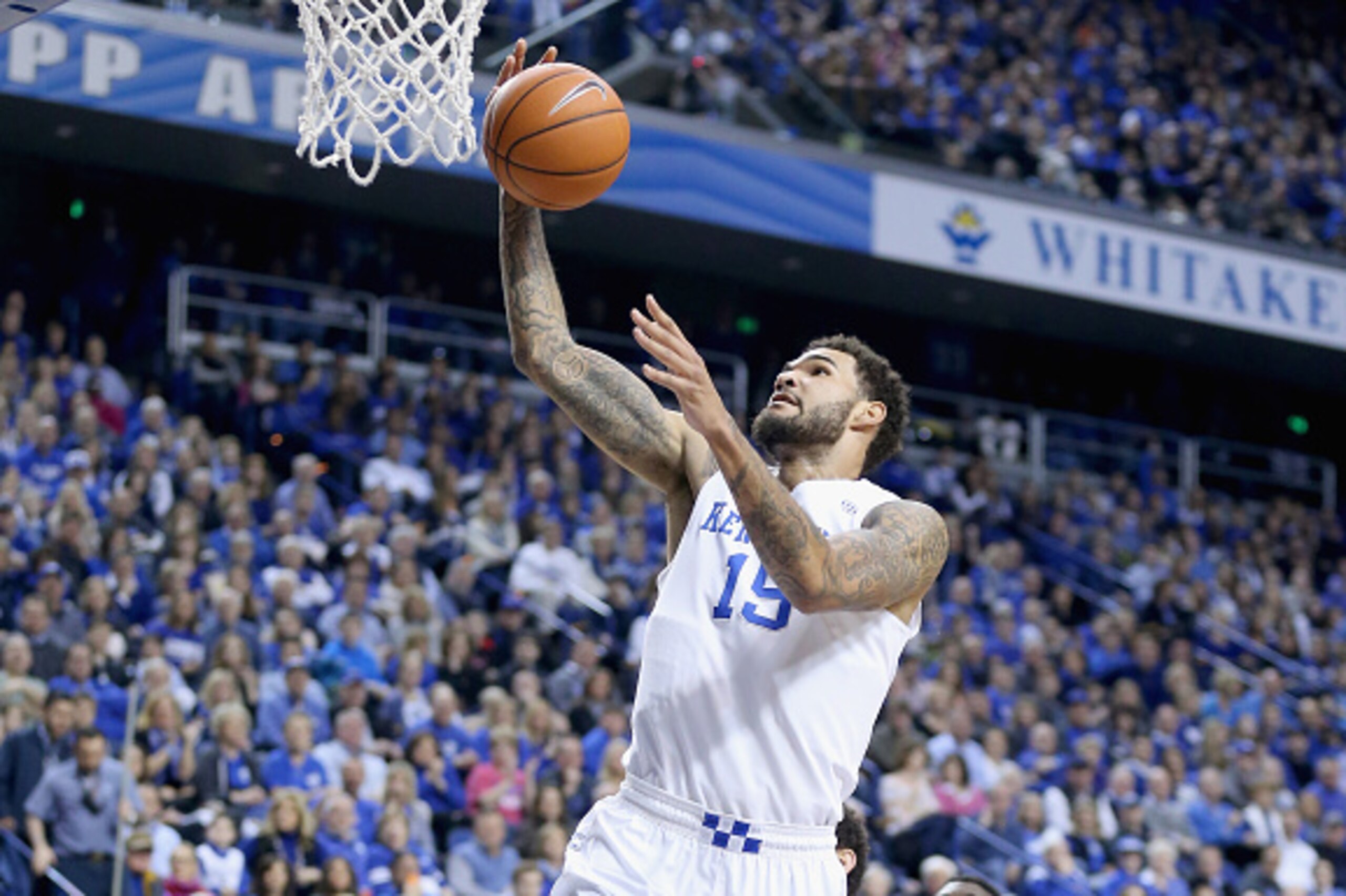 LEXINGTON, KY - FEBRUARY 14:  Willie Cauley-Stein #15 of the Kentucky Wildcats shoots the ball during the game against the South Carolina Gamecocks at Rupp Arena on February 14, 2015 in Lexington, Kentucky.  (Photo by Andy Lyons/Getty Images)
