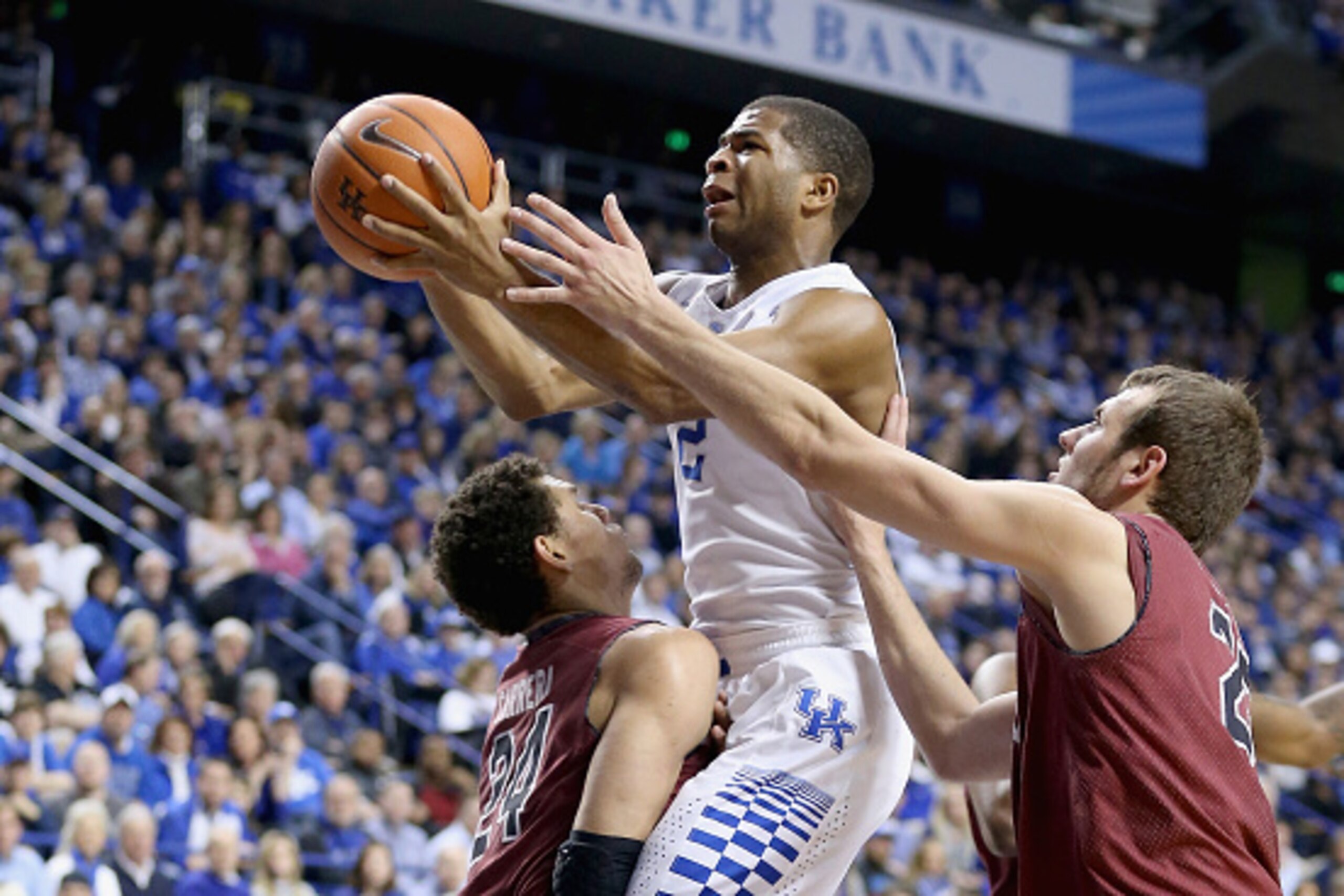 LEXINGTON, KY - FEBRUARY 14:  Aaron Harrison #2 of the Kentucky Wildcats shoots the ball during the game against the South Carolina Gamecocks at Rupp Arena on February 14, 2015 in Lexington, Kentucky.  (Photo by Andy Lyons/Getty Images)