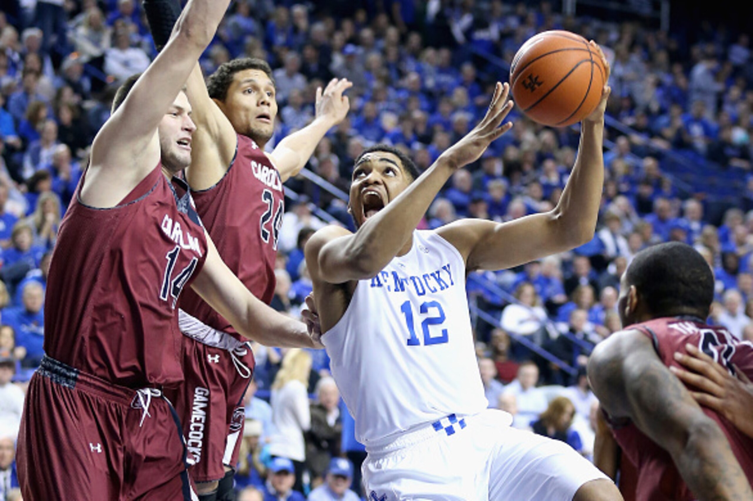 LEXINGTON, KY - FEBRUARY 14:  Karl-Anthony Towns #12 of the Kentucky Wildcats shoots the ball during the game against the South Carolina Gamecocks at Rupp Arena on February 14, 2015 in Lexington, Kentucky.  (Photo by Andy Lyons/Getty Images)