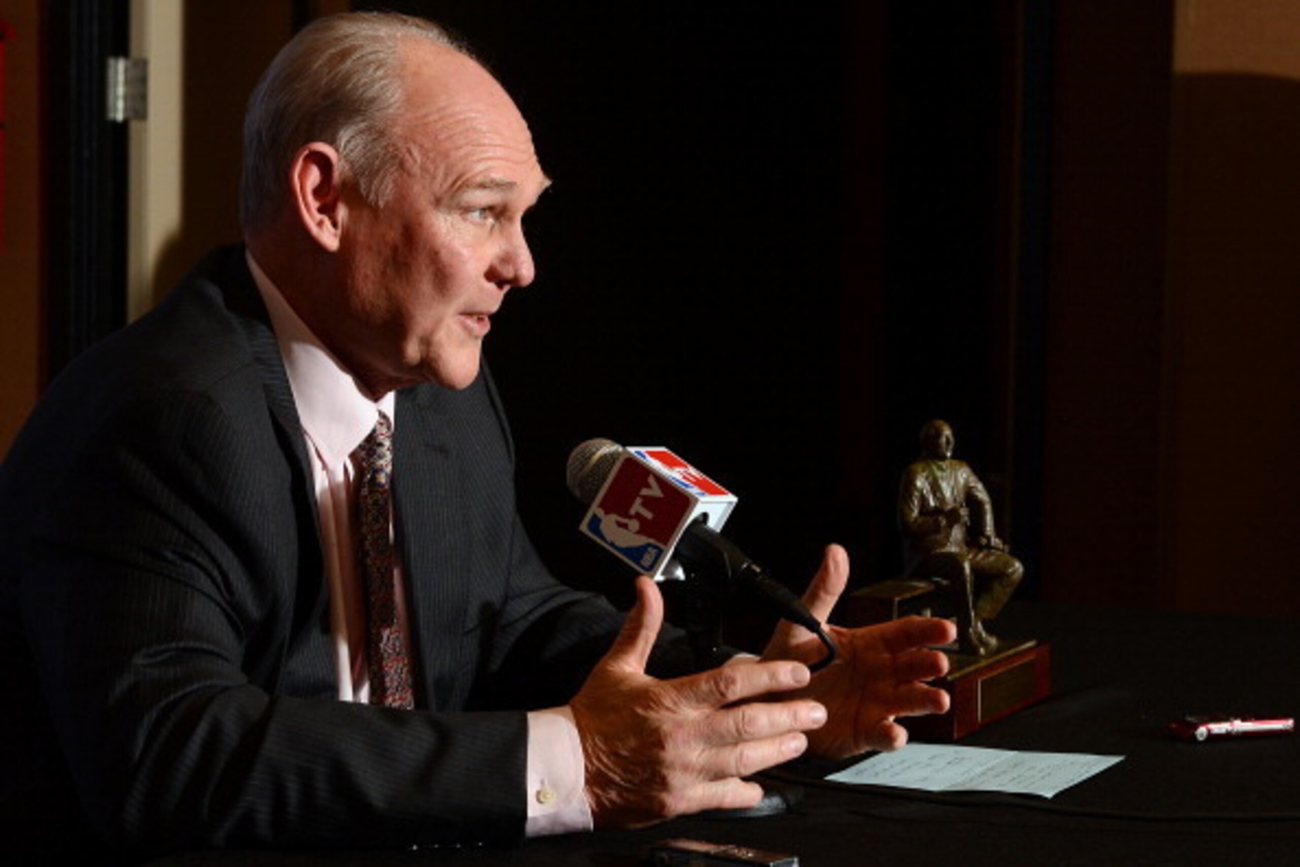 DENVER, CO - MAY 8:  Head Coach George Karl of the Denver Nuggets speaks to the media after being named 2012-2013 NBA Coach of the Year on May 8, 2013 at the Pepsi Center in Denver, Colorado. NOTE TO USER: User expressly acknowledges and agrees that, by d