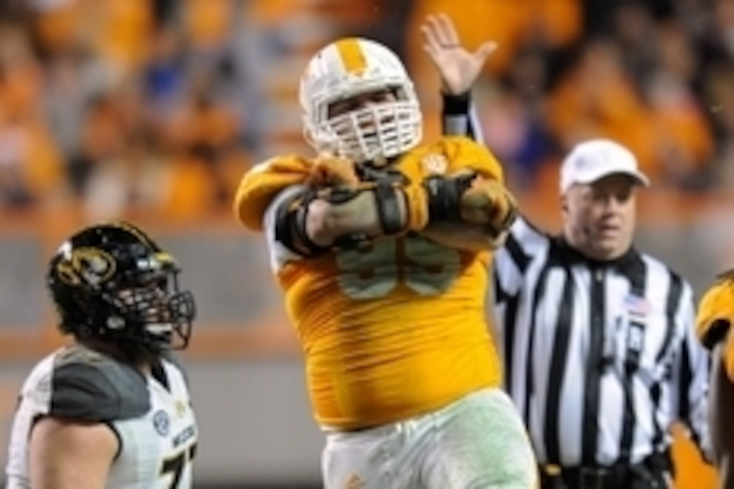 Nov 22, 2014; Knoxville, TN, USA;  Tennessee Volunteers defensive lineman Danny O'Brien (95) celebrates during the second half against the Missouri Tigers at Neyland Stadium. Missouri won 29 to 21. Mandatory Credit: Randy Sartin-USA TODAY Sports