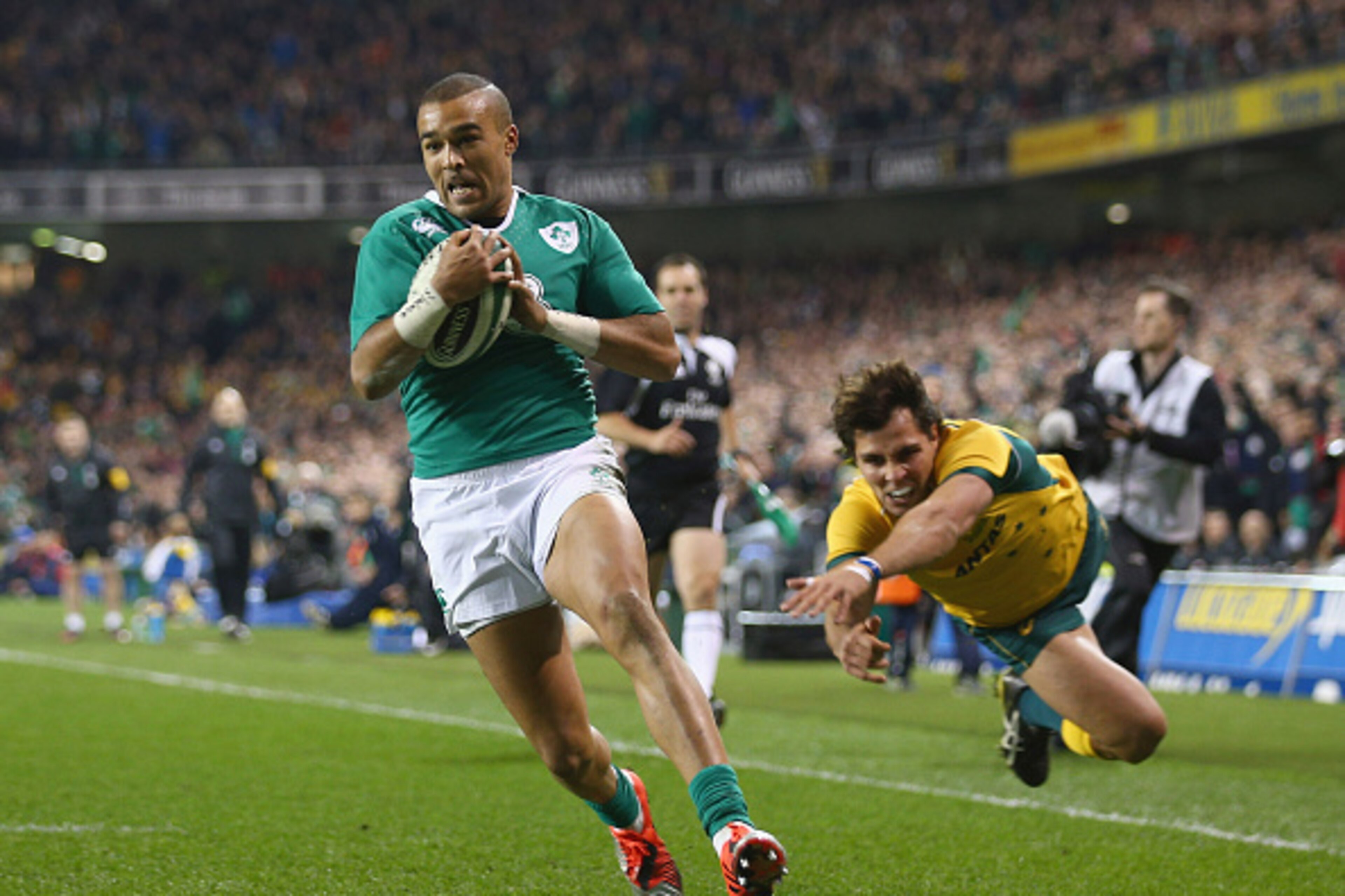 DUBLIN, IRELAND - NOVEMBER 22: Simon Zebo of Ireland scores the first try during the international friendly match between Ireland and Australia at Aviva Stadium on November 22, 2014 in Dublin, Ireland. (Photo by Ian Walton/Getty Images) DUBLIN, IRELAND - NOVEMBER 22: Simon Zebo of Ireland scores the first try during the international friendly match between Ireland and Australia at Aviva Stadium on November 22, 2014 in Dublin, Ireland. (Photo by Ian Walton/Getty Images)