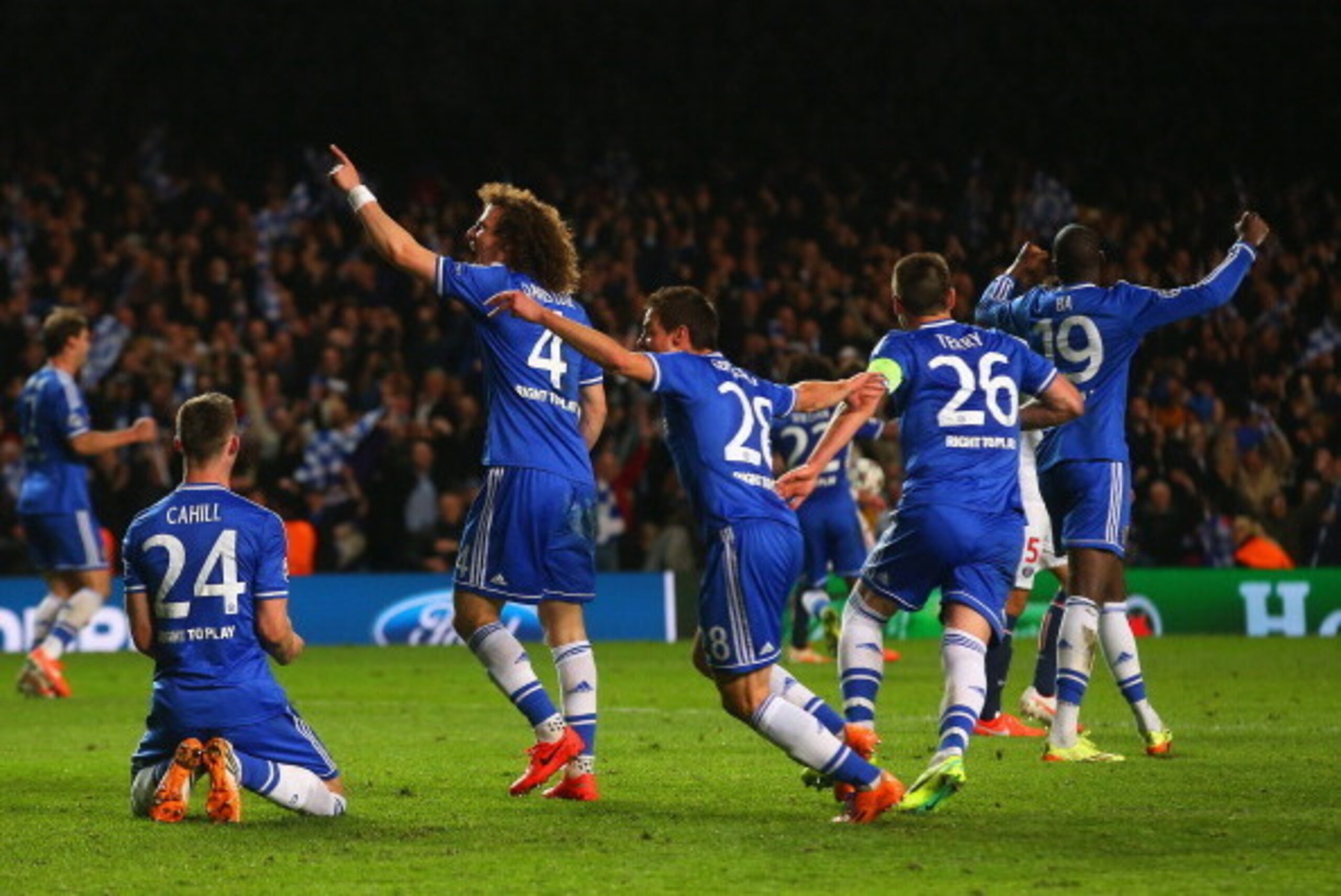 LONDON, ENGLAND - APRIL 08: Gary Cahill, David Luiz, Cesar Azpilicueta, John Terry and Demba Ba of Chelsea celebrate victory as the final whistle is blown during the UEFA Champions League Quarter Final second leg match between Chelsea and Paris Saint-Germ