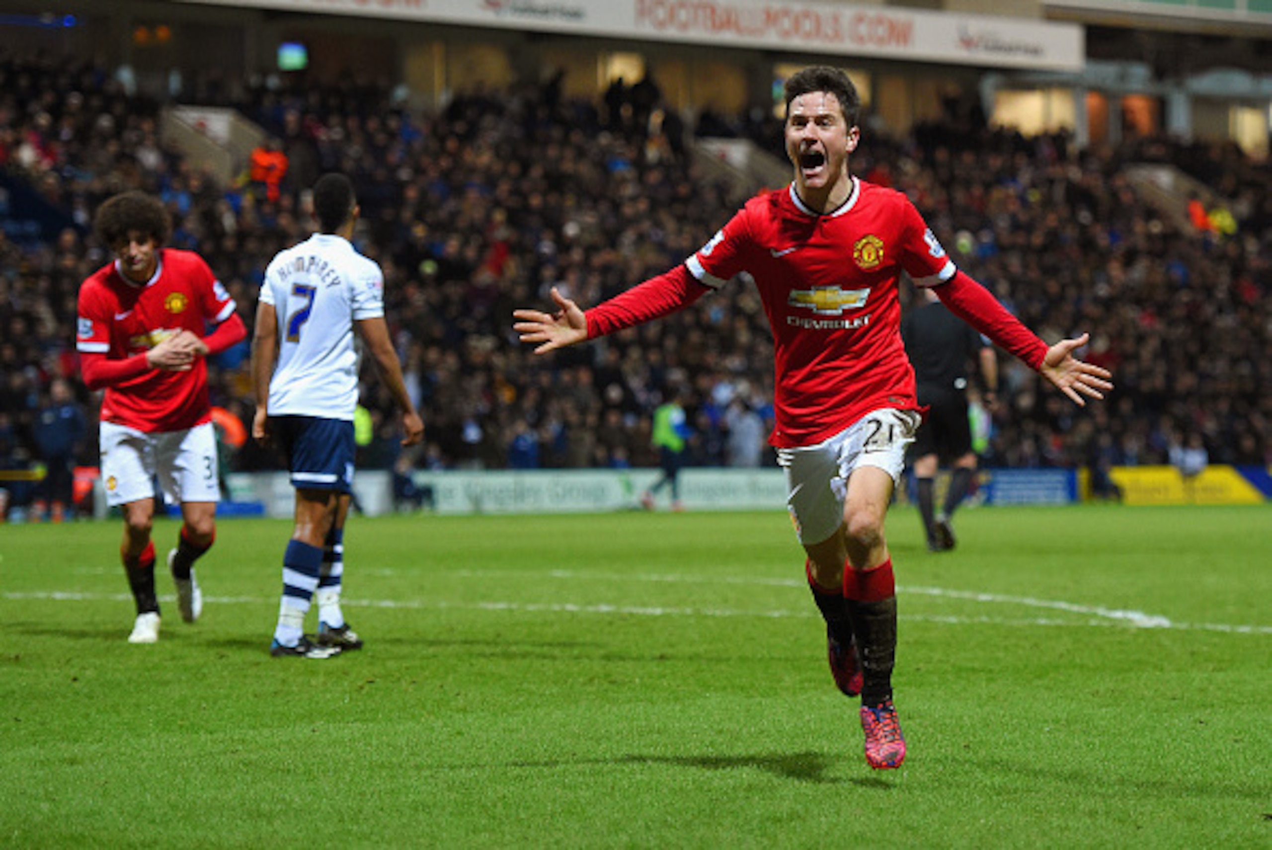 PRESTON, ENGLAND - FEBRUARY 16:  Ander Herrera of Manchester United celebrates scoring their first goal during the FA Cup Fifth round match between Preston North End and Manchester United at Deepdale on February 16, 2015 in Preston, England  (Photo by Mic
