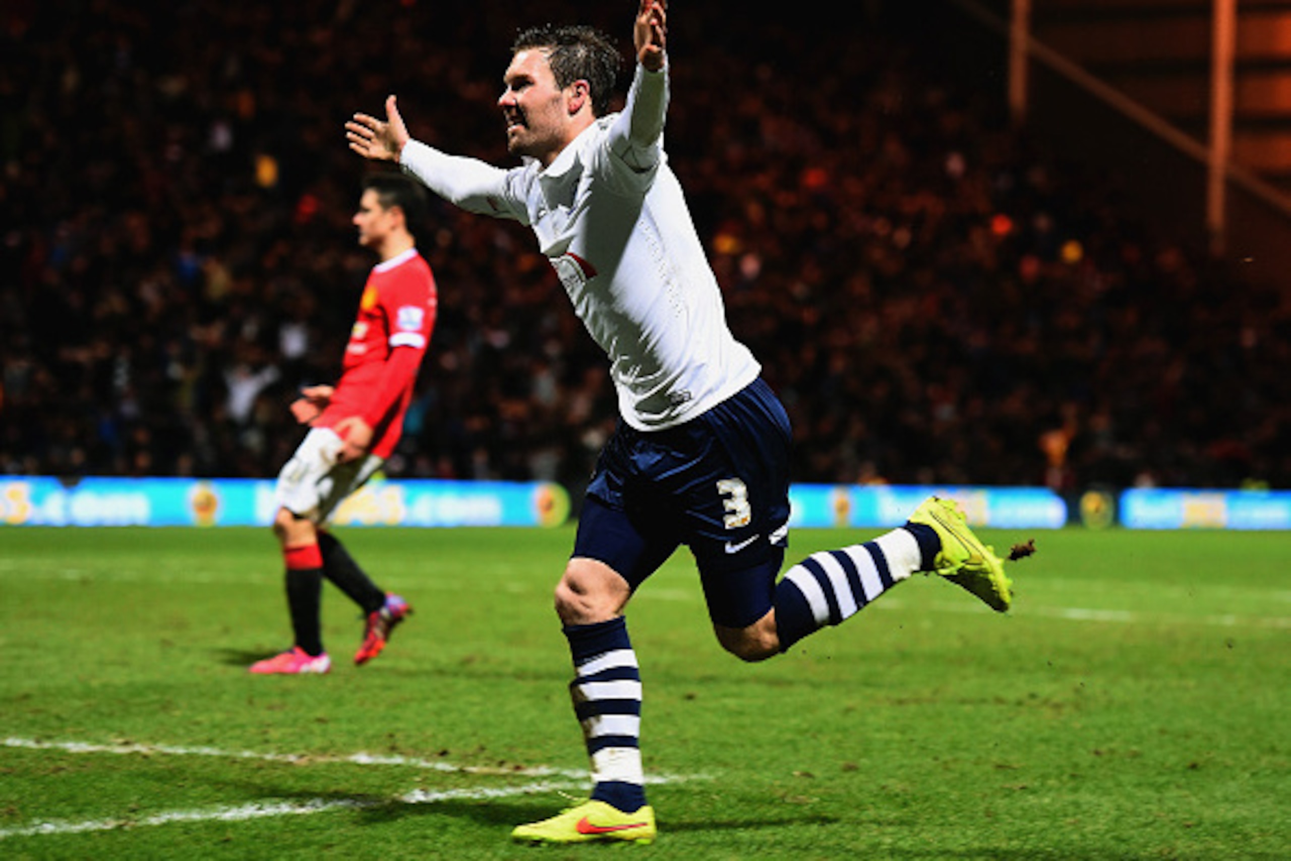 PRESTON, ENGLAND - FEBRUARY 16:  Scott Laird of Preston North End celebrates scoring the opening goal during the FA Cup Fifth round match between Preston North End and Manchester United at Deepdale on February 16, 2015 in Preston, England.  (Photo by Laur