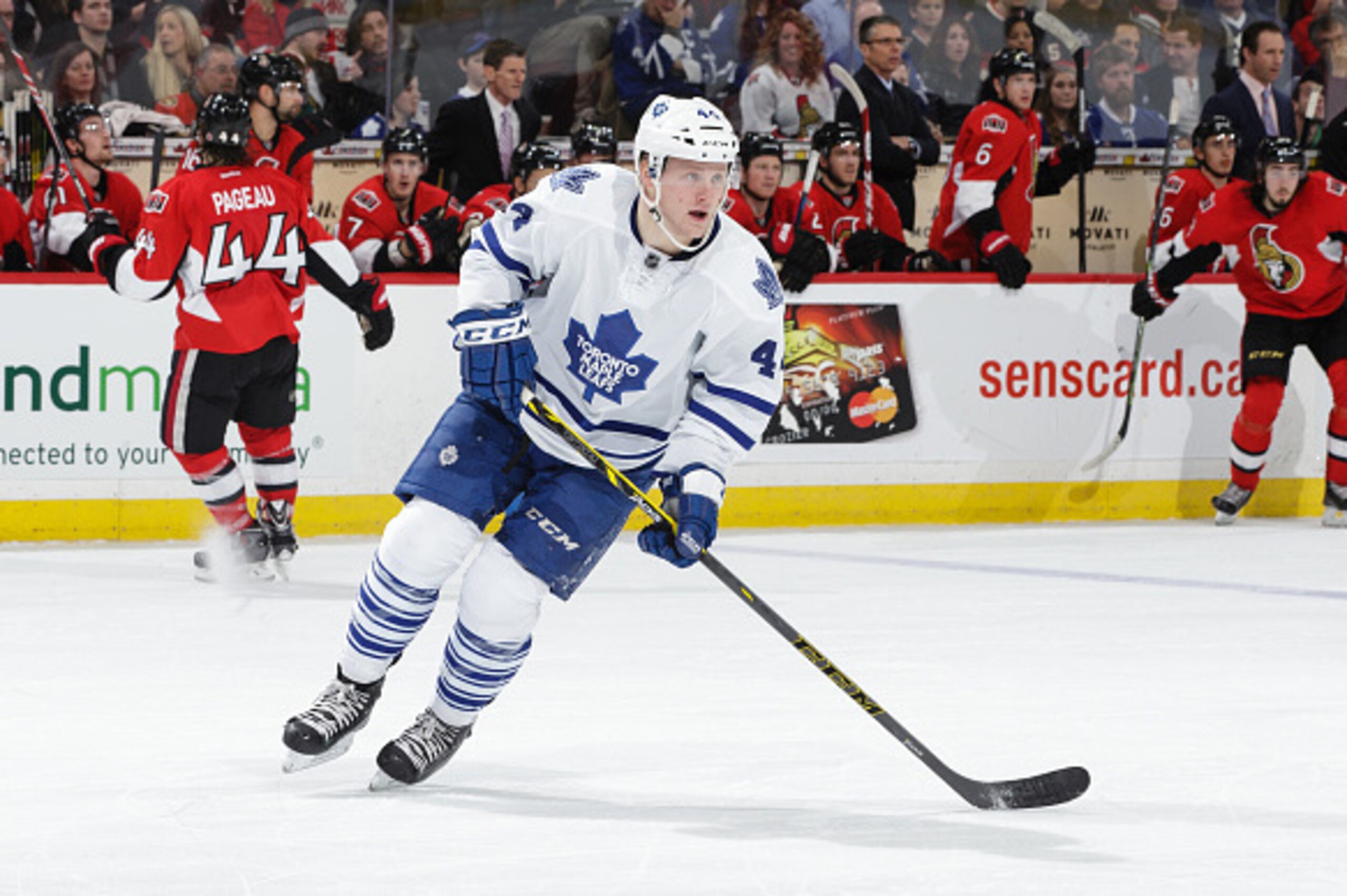 OTTAWA, ON - JANUARY 21: Morgan Rielly #44 of the Toronto Maple Leafs skates against the Ottawa Senators at Canadian Tire Centre on January 21, 2015 in Ottawa, Ontario, Canada. (Photo by Jana Chytilova/Freestyle Photography/Getty Images) OTTAWA, ON - JANUARY 21: Morgan Rielly #44 of the Toronto Maple Leafs skates against the Ottawa Senators at Canadian Tire Centre on January 21, 2015 in Ottawa, Ontario, Canada. (Photo by Jana Chytilova/Freestyle Photography/Getty Images)