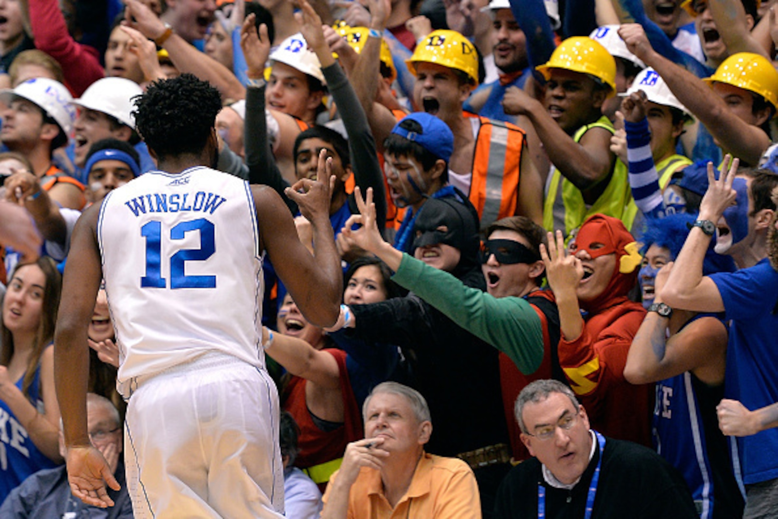 DURHAM, NC - FEBRUARY 07:  Justise Winslow #12 of the Duke Blue Devils reacts after making a three-point basket during their game against the Notre Dame Fighting Irish at Cameron Indoor Stadium on February 7, 2015 in Durham, North Carolina.  (Photo by Gra
