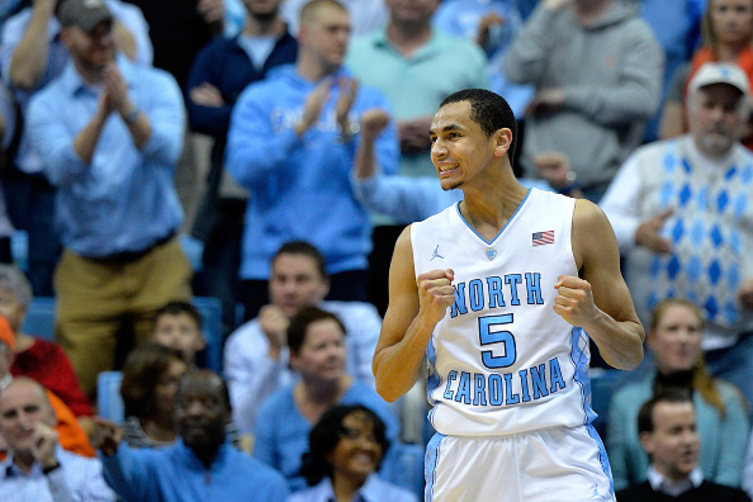 CHAPEL HILL, NC - JANUARY 26:  Marcus Paige #5 of the North Carolina Tar Heels reacts during their game against the Syracuse Orange at the Dean Smith Center on January 26, 2015 in Chapel Hill, North Carolina. North Carolina won 93-83.  (Photo by Grant Hal