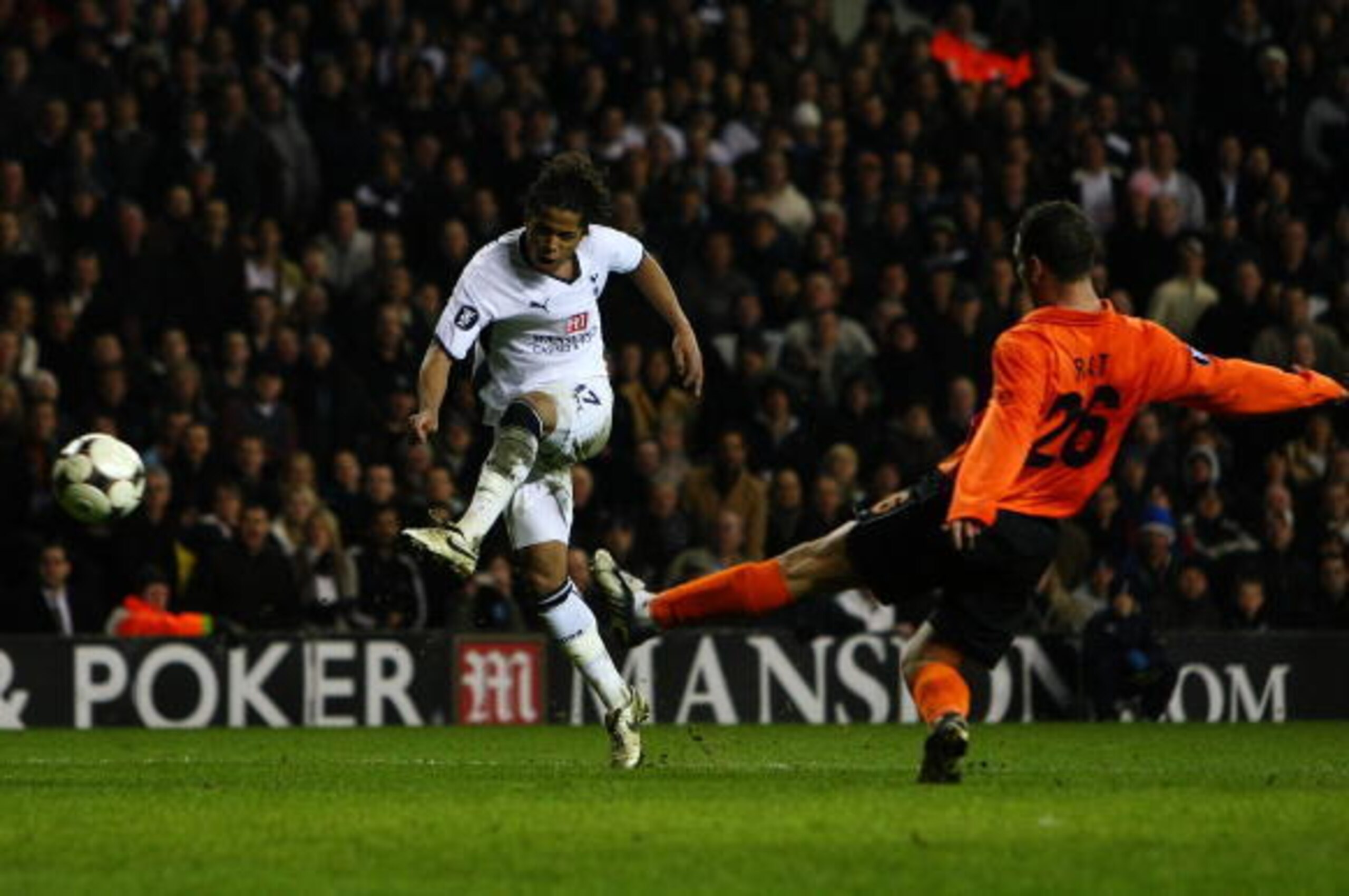 LONDON - FEBRUARY 26: Giovani of Tottenham Hotspur scores his team's first goal during the UEFA Cup round of 32, second leg match between Tottenham Hotspur and Shakhtar Donesk at White Hart Lane on February 26, 2009 in London, England.  (Photo by Clive Ro