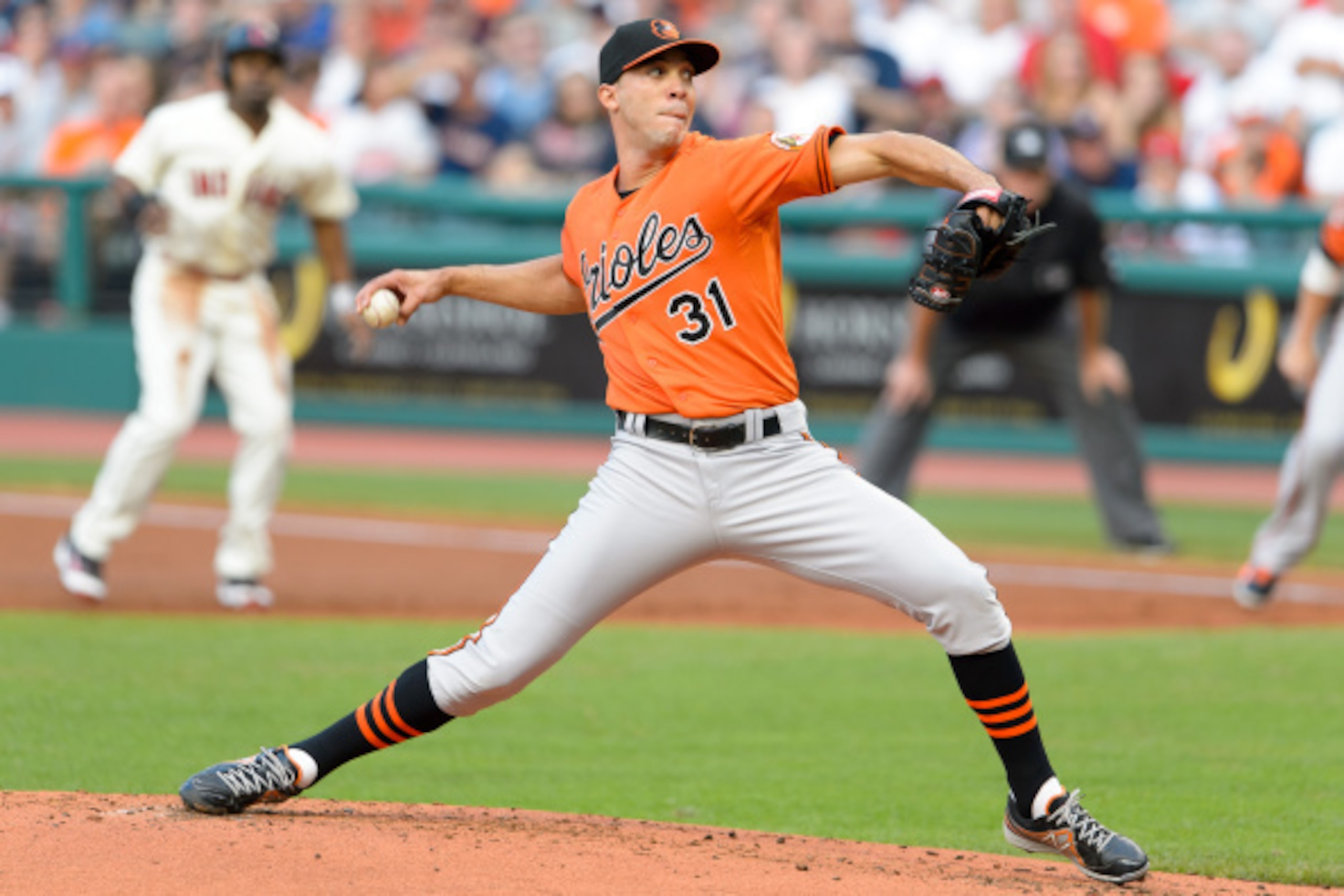 CLEVELAND, OH - AUGUST 16: Starting pitcher Ubaldo Jimenez #31 of the Baltimore Orioles pitches during the first inning against the Cleveland Indians at Progressive Field on August 16, 2014 in Cleveland, Ohio. (Photo by Jason Miller/Getty Images)
