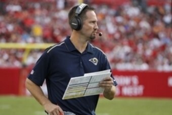 Sep 14, 2014; Tampa, FL, USA; St. Louis Rams offensive coordinator Brian Schottenheimer calls a play during the second half against the Tampa Bay Buccaneers at Raymond James Stadium. St. Louis Rams defeated the Tampa Bay Buccaneers 19-17. Mandatory Credit