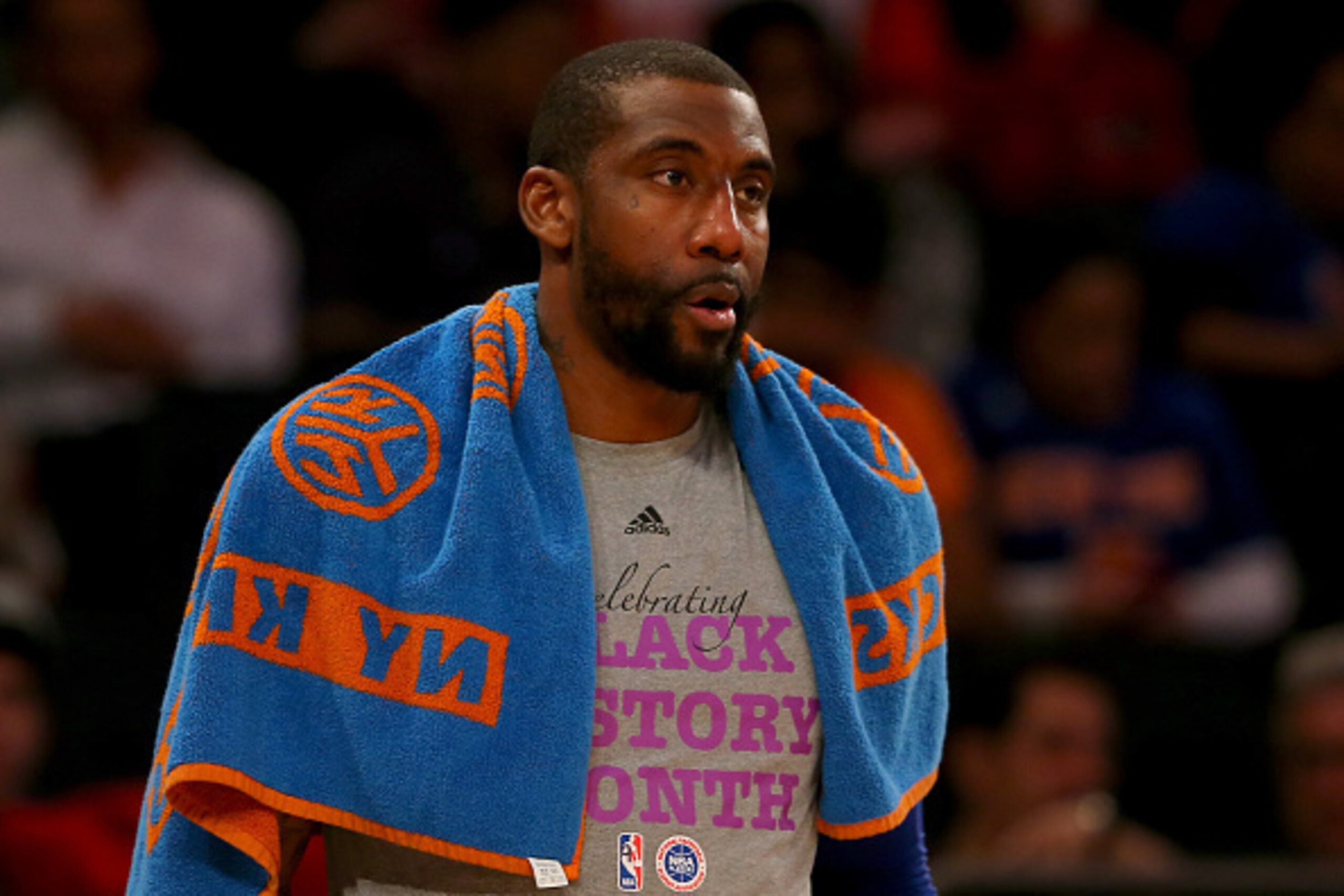 NEW YORK, NY - FEBRUARY 07:  Amar'e Stoudemire #1 of the New York Knicks looks on during the fourth quarter against the Golden State Warriors at Madison Square Garden on February 7, 2015 in New York City.The Golden State Warriors defeated the New York Kni