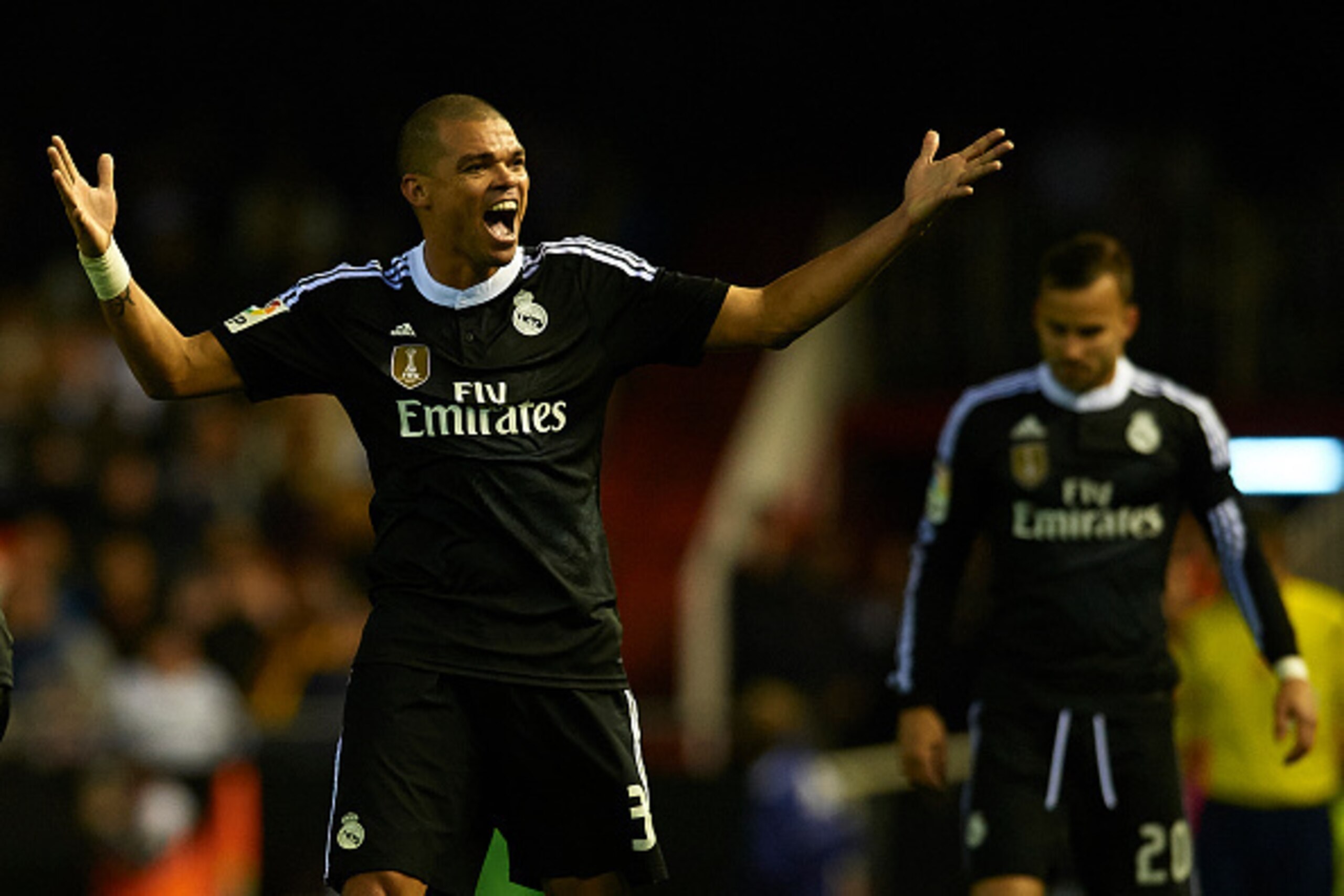 VALENCIA, SPAIN - JANUARY 04:  Pepe of Real Madrid reacts during the La Liga match between Valencia CF and Real Madrid CF at Estadi de Mestalla on January 4, 2015 in Valencia, Spain.  (Photo by Manuel Queimadelos Alonso/Getty Images)