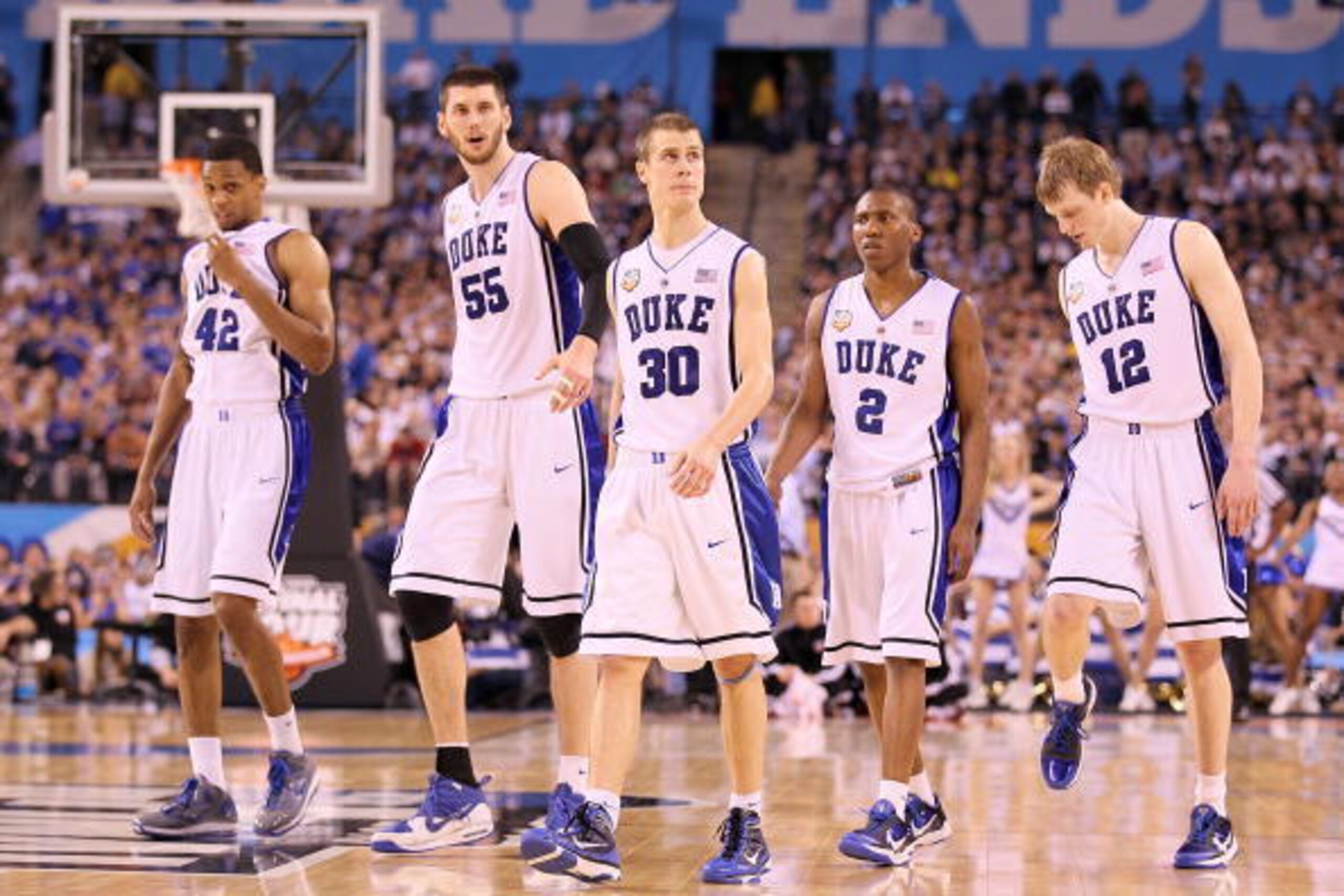 INDIANAPOLIS - APRIL 05:  (L-R) Lance Thomas #42, Brian Zoubek #55, Jon Scheyer #30, Nolan Smith #2 and Kyle Singler #12 of the Duke Blue Devils walk out on the court in the second half while taking on the Butler Bulldogs during the 2010 NCAA Division I M