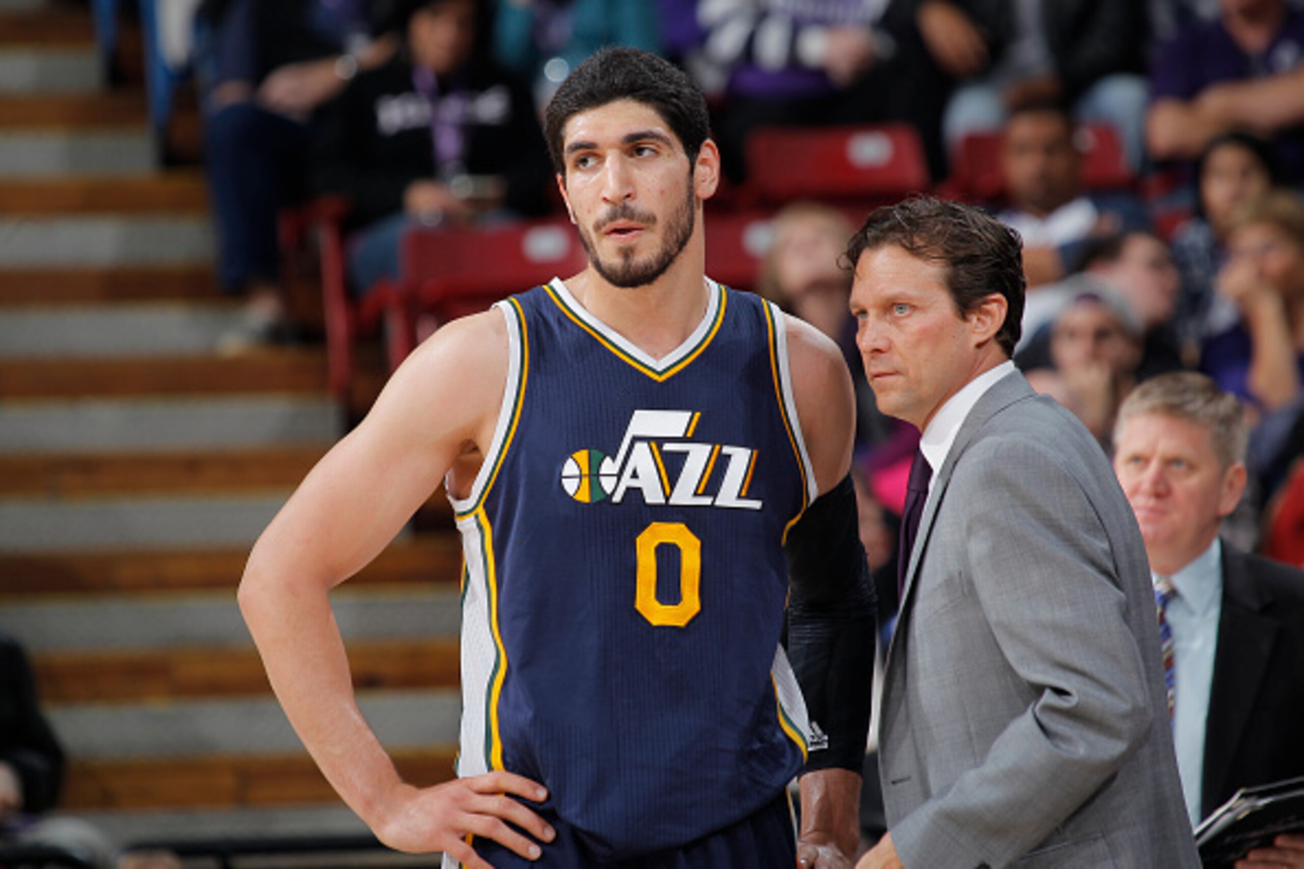 SACRAMENTO, CA - DECEMBER 8: Head Coach Quin Synder of the Utah Jazz coaches Enes Kanter #0 against the Sacramento Kings on December 8, 2014 at Sleep Train Arena in Sacramento, California. NOTE TO USER: User expressly acknowledges and agrees that, by down