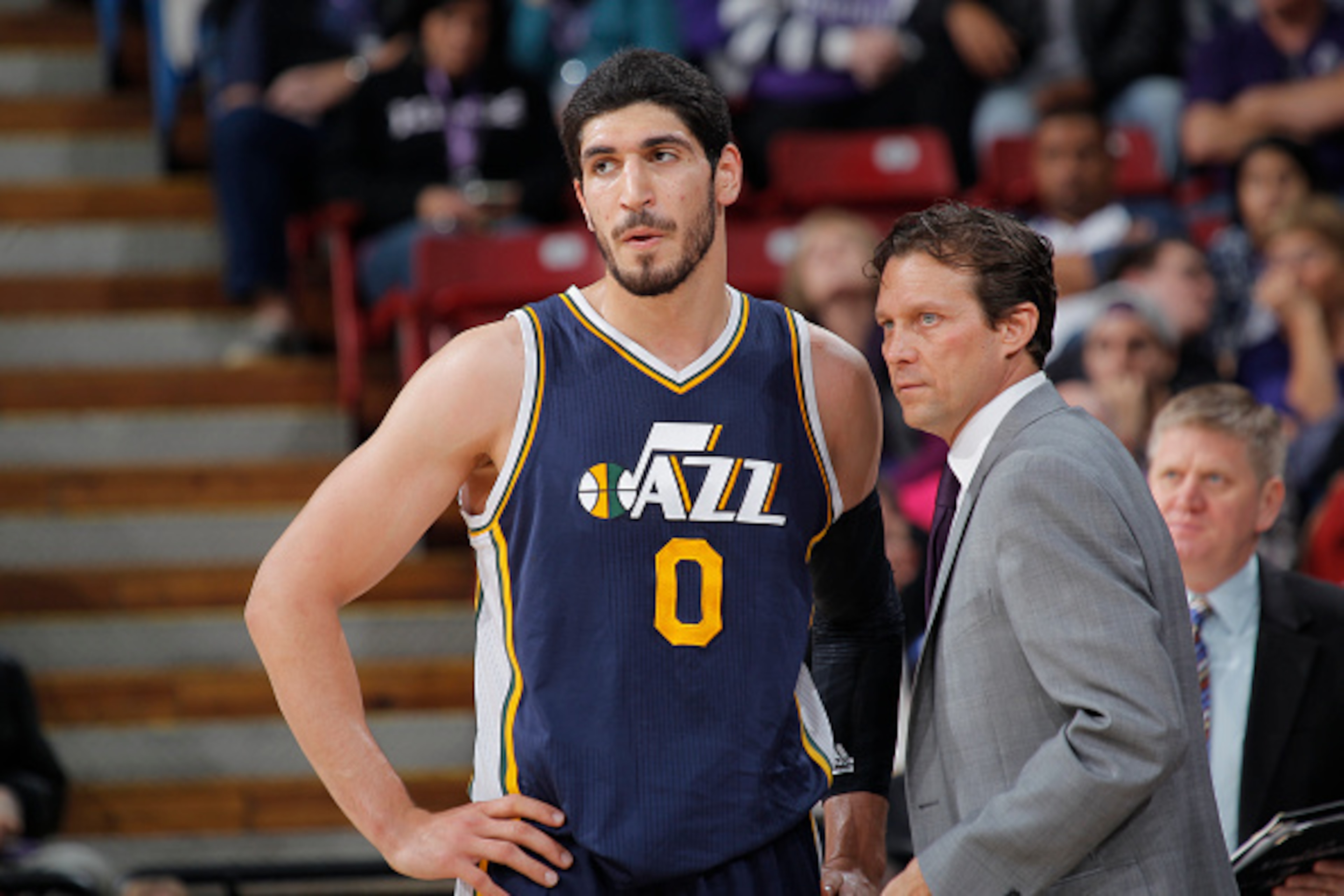 SACRAMENTO, CA - DECEMBER 8: Head Coach Quin Synder of the Utah Jazz coaches Enes Kanter #0 against the Sacramento Kings on December 8, 2014 at Sleep Train Arena in Sacramento, California. NOTE TO USER: User expressly acknowledges and agrees that, by down