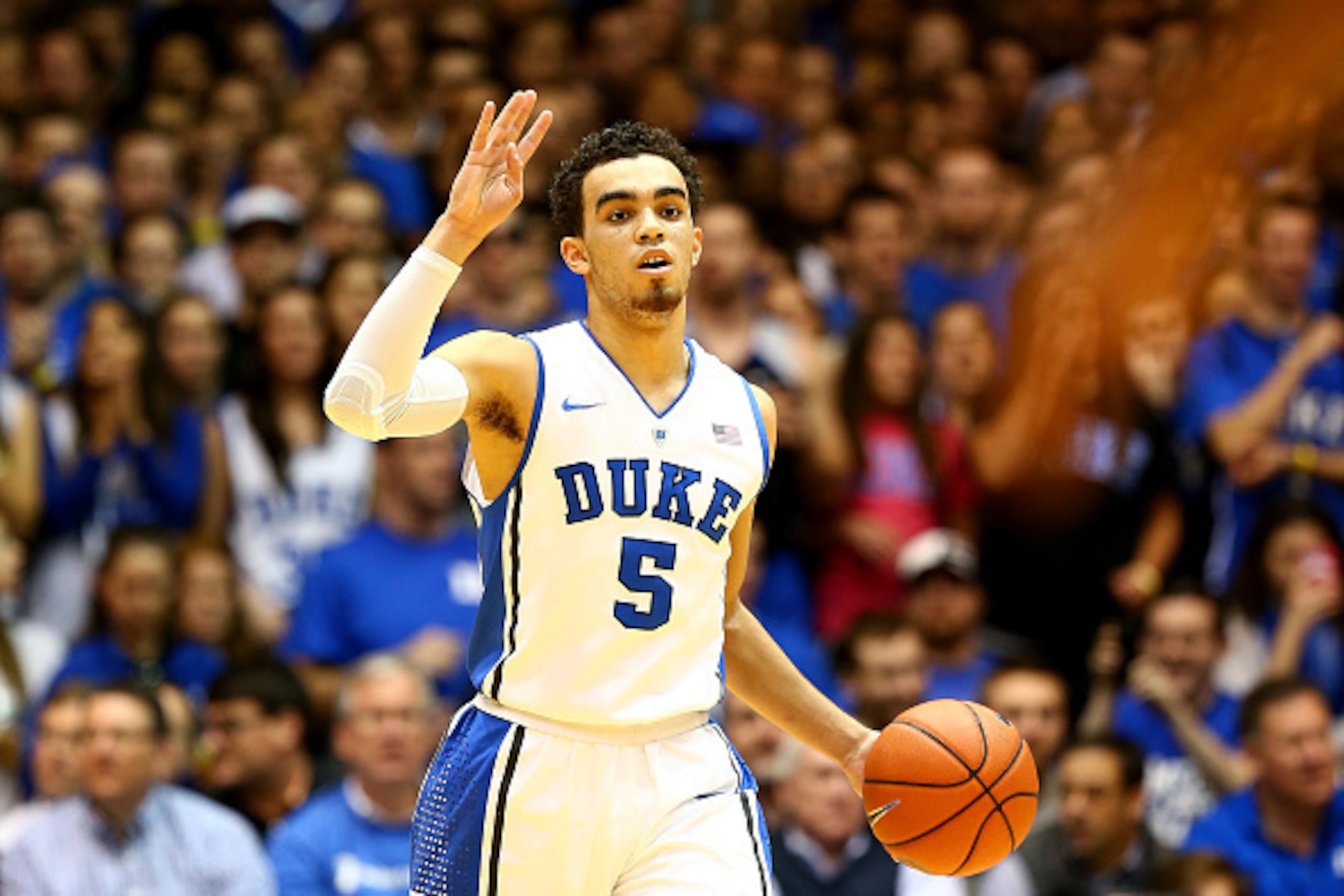 DURHAM, NC - JANUARY 19:  Tyus Jones #5 of the Duke Blue Devils during their game against the Pittsburgh Panthers at Cameron Indoor Stadium on January 19, 2015 in Durham, North Carolina.  (Photo by Streeter Lecka/Getty Images)