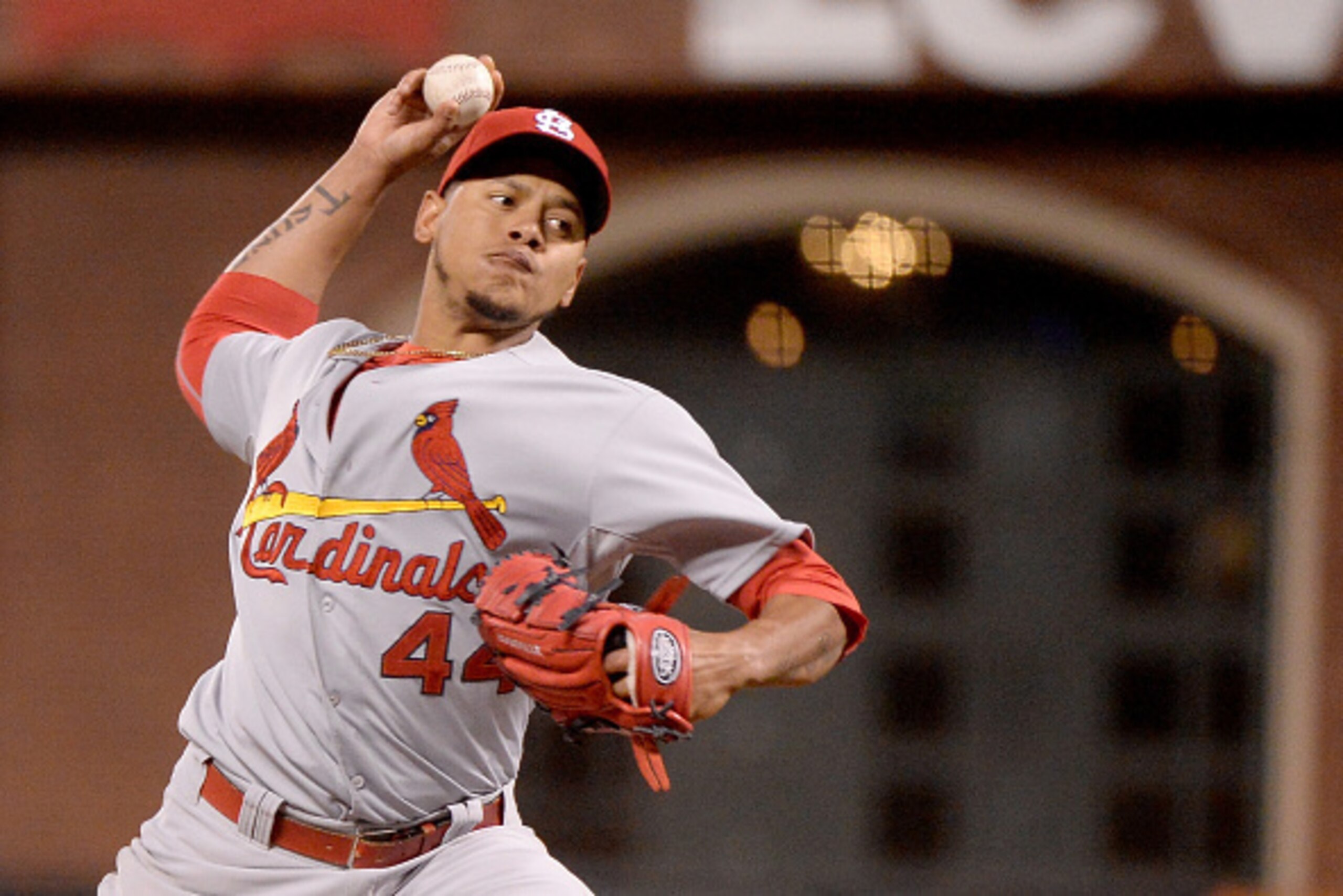 SAN FRANCISCO, CA - OCTOBER 15:  Carlos Martinez #44 of the St. Louis Cardinals pitches in the fifth inning against the San Francisco Giants during Game Four of the National League Championship Series at AT&T Park on October 15, 2014 in San Francisco, Cal