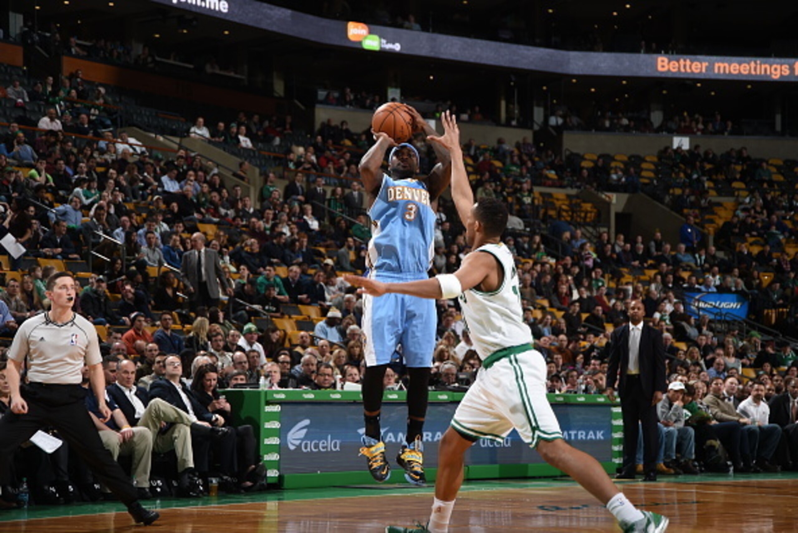 BOSTON, MA - FEBRUARY 4:  Ty Lawson #3 of the Denver Nuggets shoots against the Boston Celtics on February 4, 2015 at TD Garden in Boston, Massachusetts.  NOTE TO USER: User expressly acknowledges and agrees that, by downloading and or using this Photogra