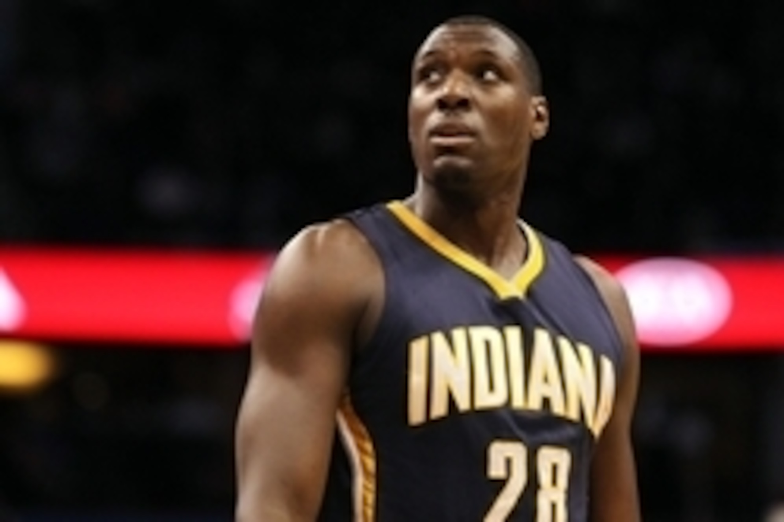 Jan 25, 2015; Orlando, FL, USA; Indiana Pacers center Ian Mahinmi (28) looks up against the Orlando Magic during the first quarter at Amway Center. Mandatory Credit: Kim Klement-USA TODAY Sports