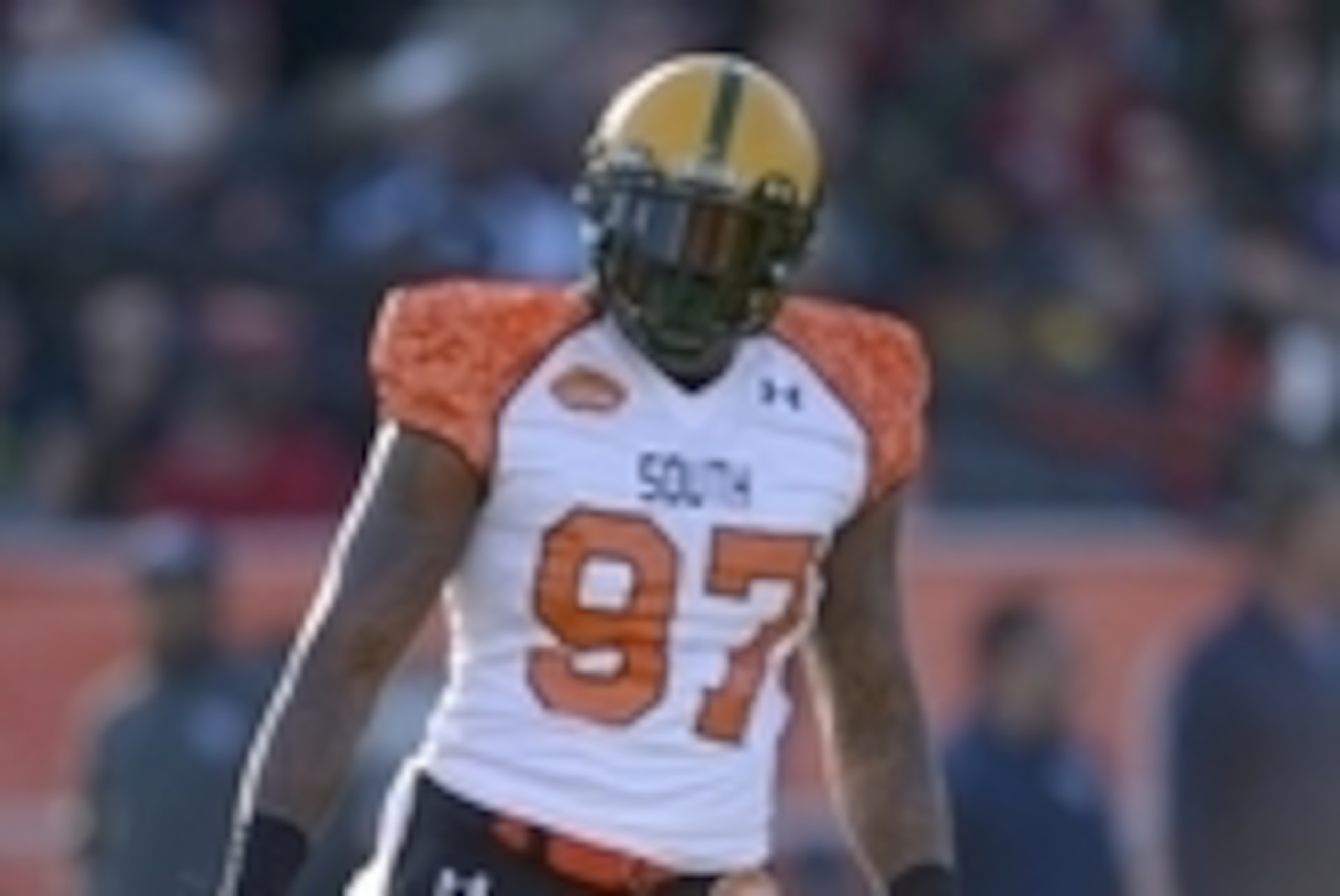 Jan 24, 2015; Mobile, AL, USA; South squad outside linebacker Lynden Trail of Norfolk State (97) waits for the snap against the North squad in the second quarter of the Senior Bowl at Ladd-Peebles Stadium. Mandatory Credit: Glenn Andrews-USA TODAY Sports