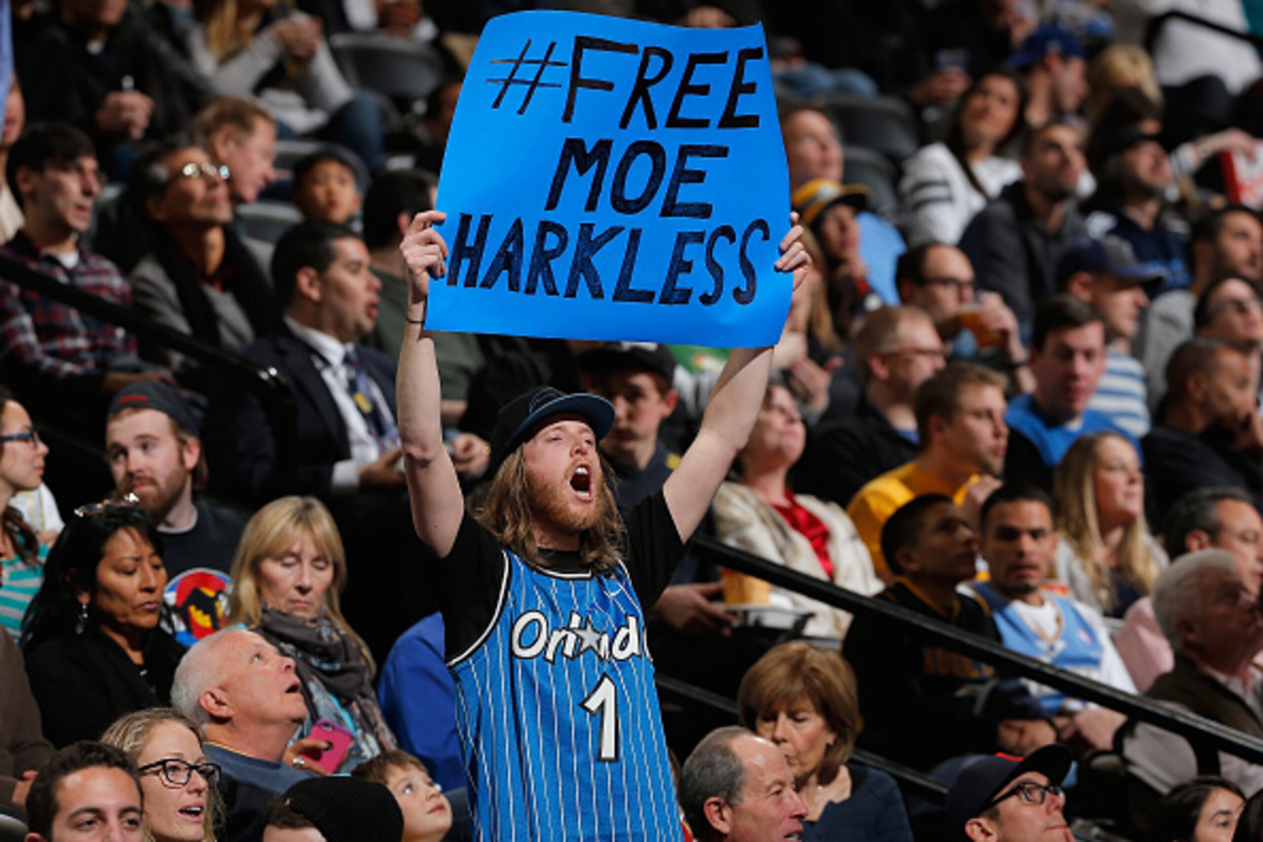 DENVER, CO - JANUARY 07:  A fan displays a sign in support of Maurice Harkless #21 of the Orlando Magic as the Magic face the Denver Nuggets at Pepsi Center on January 7, 2015 in Denver, Colorado. NOTE TO USER: User expressly acknowledges and agrees that,
