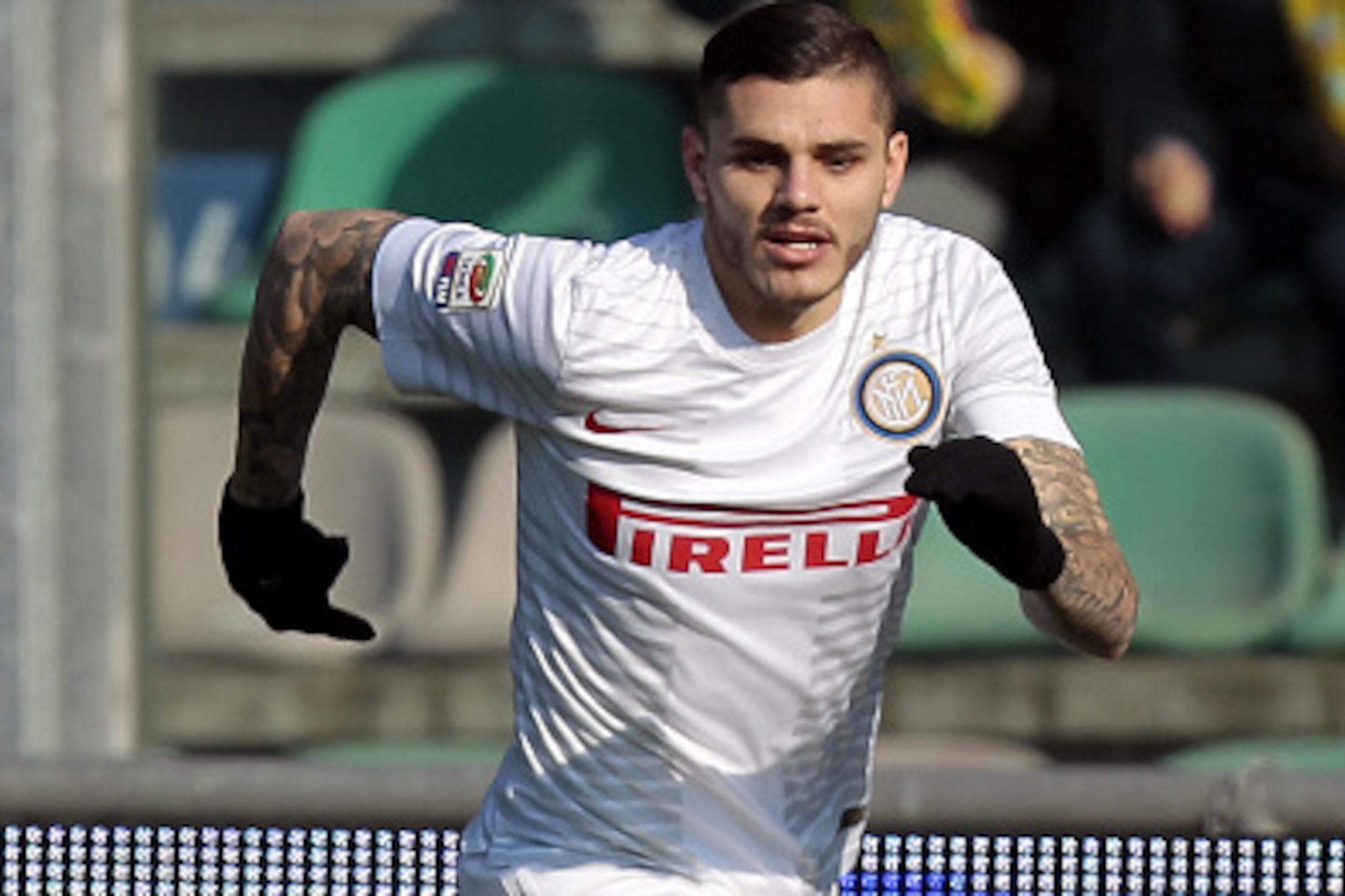 REGGIO NELL'EMILIA, ITALY - FEBRUARY 01: Mauro Icardi of FC Internazionale in action during the Serie A match between US Sassuolo Calcio and FC Internazionale Milano at Mapei Stadium - Città del Tricolore on February 1, 2015 in Reggio nell'Emilia, Italy. 