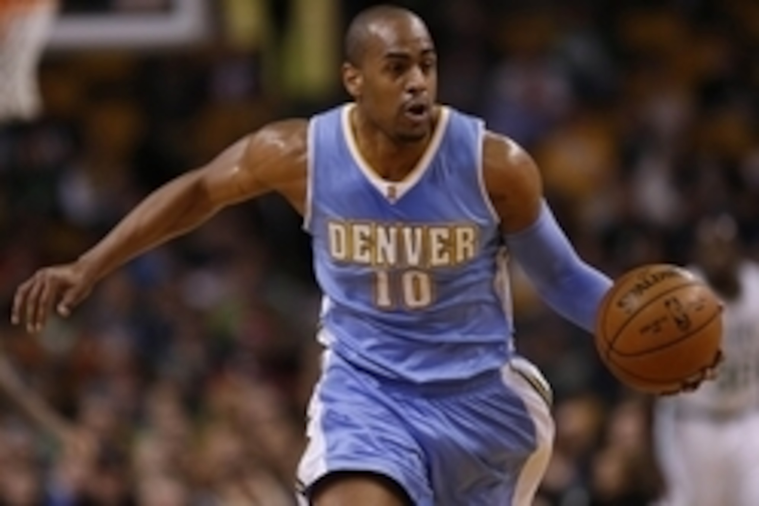 Feb 4, 2015; Boston, MA, USA; Denver Nuggets guard forward Arron Afflalo (10) controls the ball during the first quarter against the Boston Celtics at TD Garden. Mandatory Credit: Greg M. Cooper-USA TODAY Sports