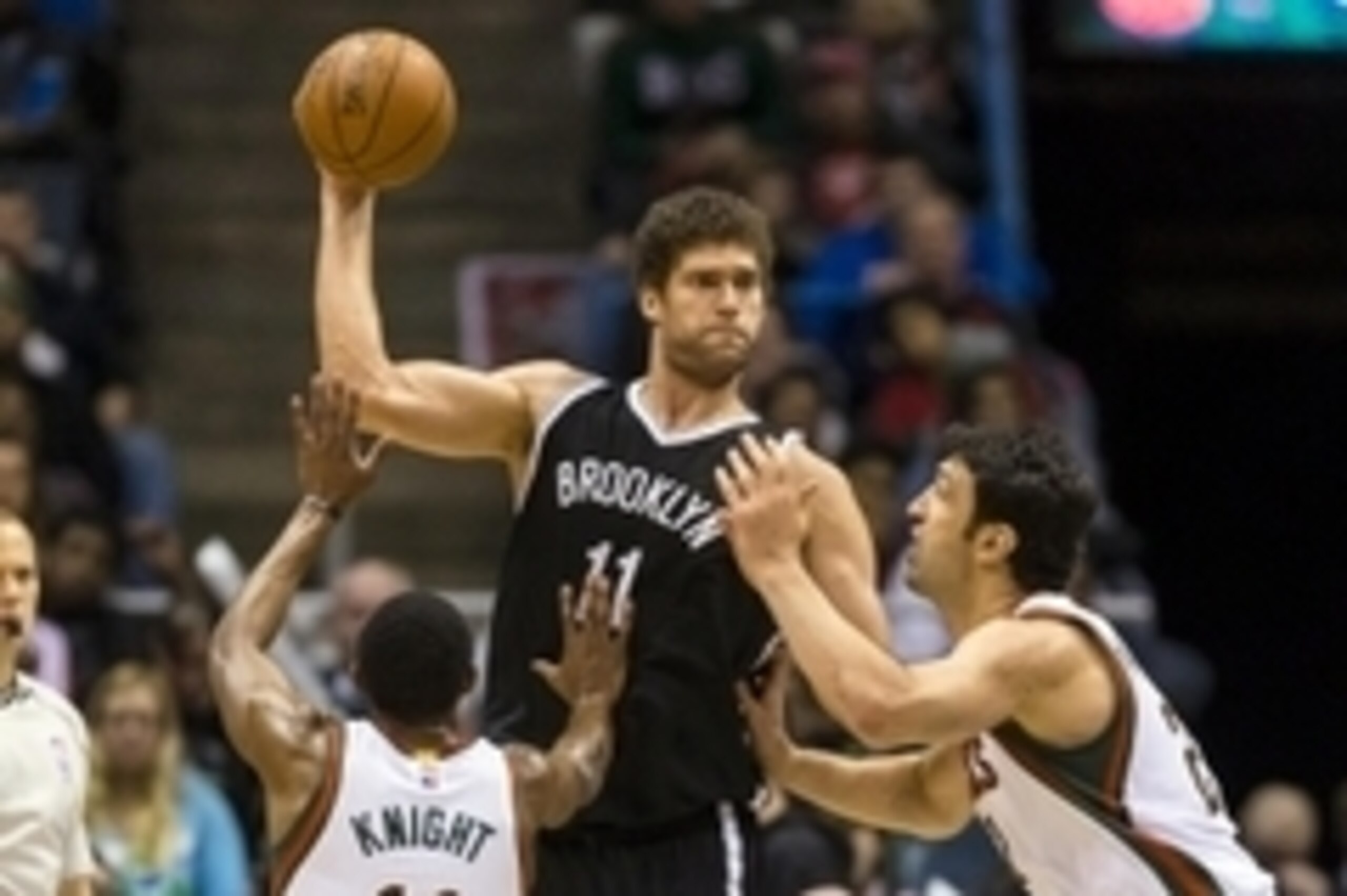 Feb 9, 2015; Milwaukee, WI, USA; Brooklyn Nets center Brook Lopez (11) passes the ball during the third quarter against the Milwaukee Bucks at BMO Harris Bradley Center. Mandatory Credit: Jeff Hanisch-USA TODAY Sports