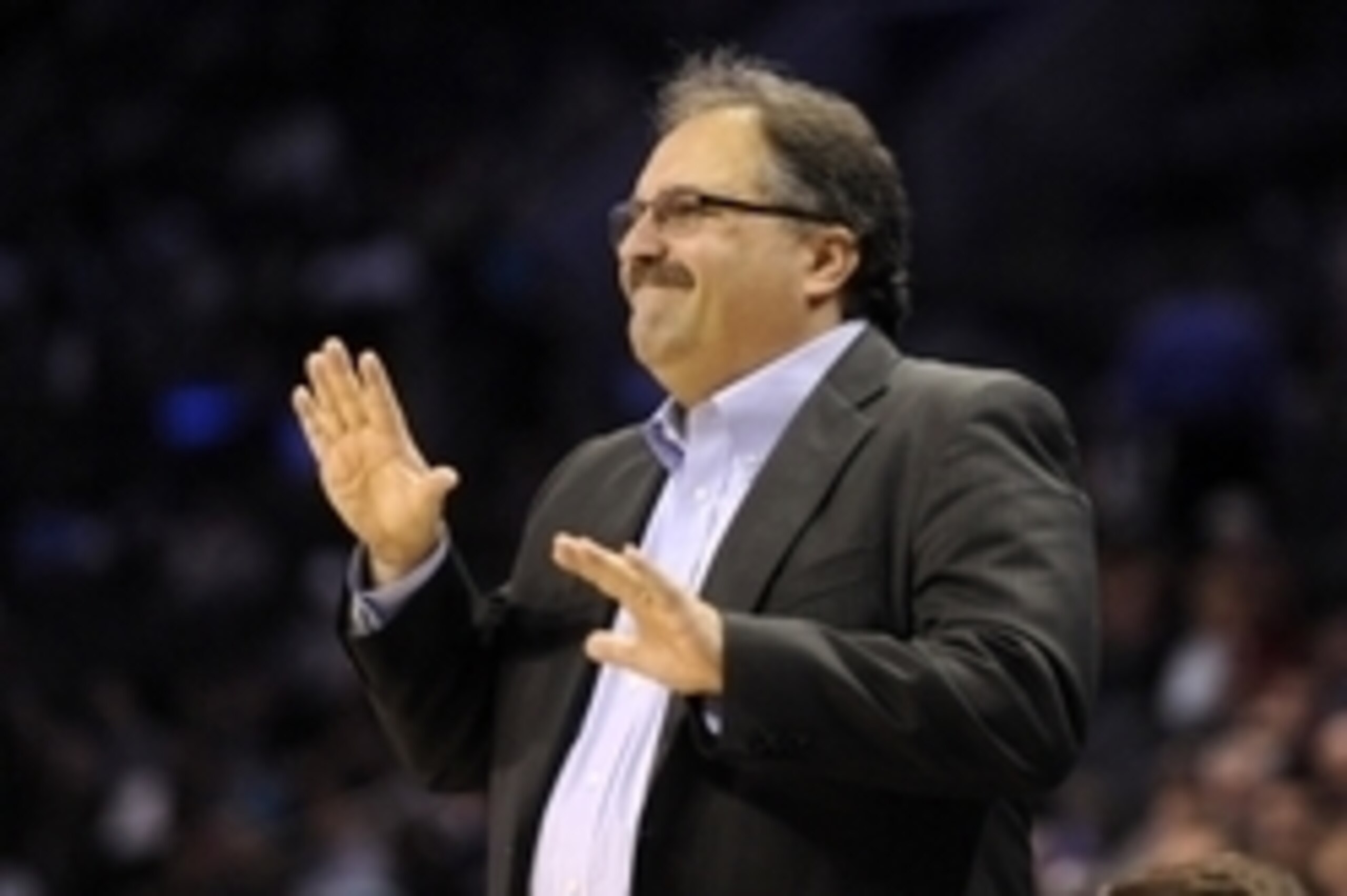 Feb 10, 2015; Charlotte, NC, USA; Detroit Pistons head coach Stan Van Gundy during the second half of the game against the Charlotte Hornets at Time Warner Cable Arena. Pistons win 106-78. Mandatory Credit: Sam Sharpe-USA TODAY Sports