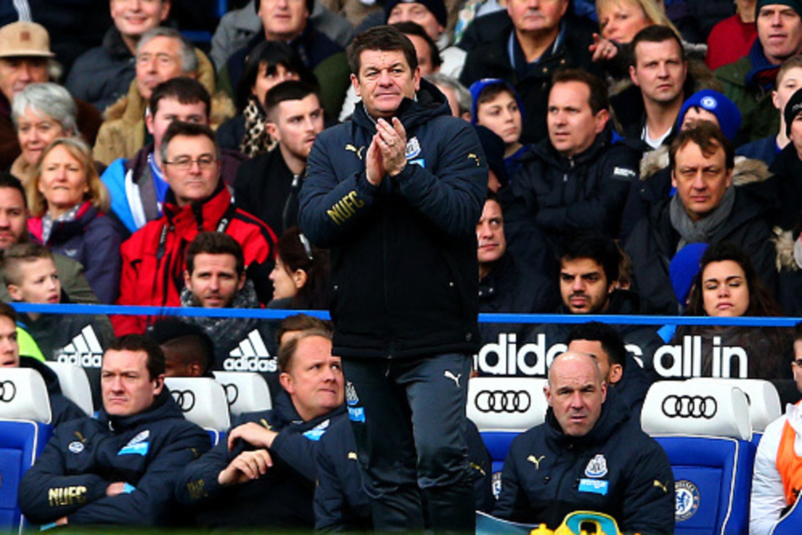 LONDON, ENGLAND - JANUARY 10:  Newcastle United caretaker manager John Carver reacts during the Barclays Premier League match between Chelsea and Newcastle United at Stamford Bridge on January 10, 2015 in London, England.  (Photo by Paul Gilham/Getty Imag