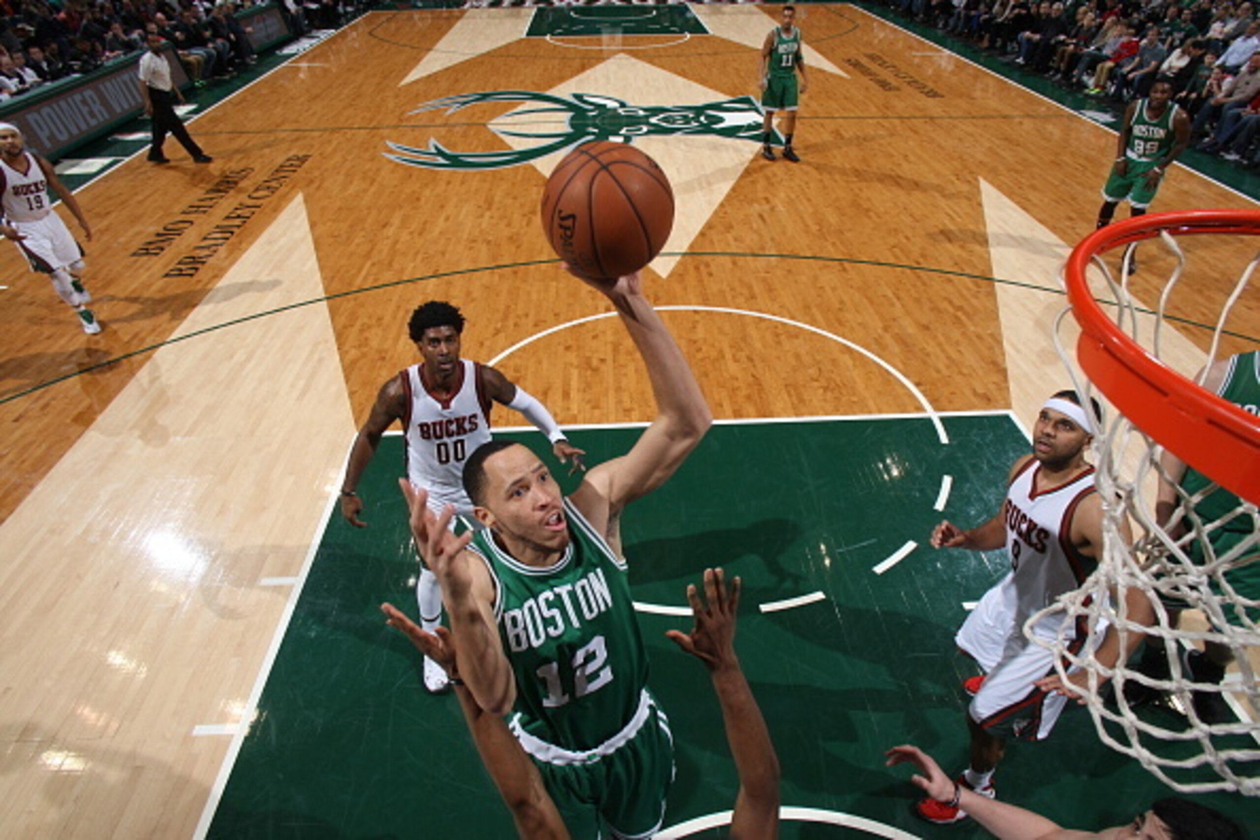 MILWAUKEE, WI - FEBRUARY 7:  Tayshaun Prince #12 of the Boston Celtics goes to the basket against the Milwaukee Bucks on February 7, 2015 at the BMO Harris Bradley Center in Milwaukee, February. NOTE TO USER: User expressly acknowledges and agrees that, b