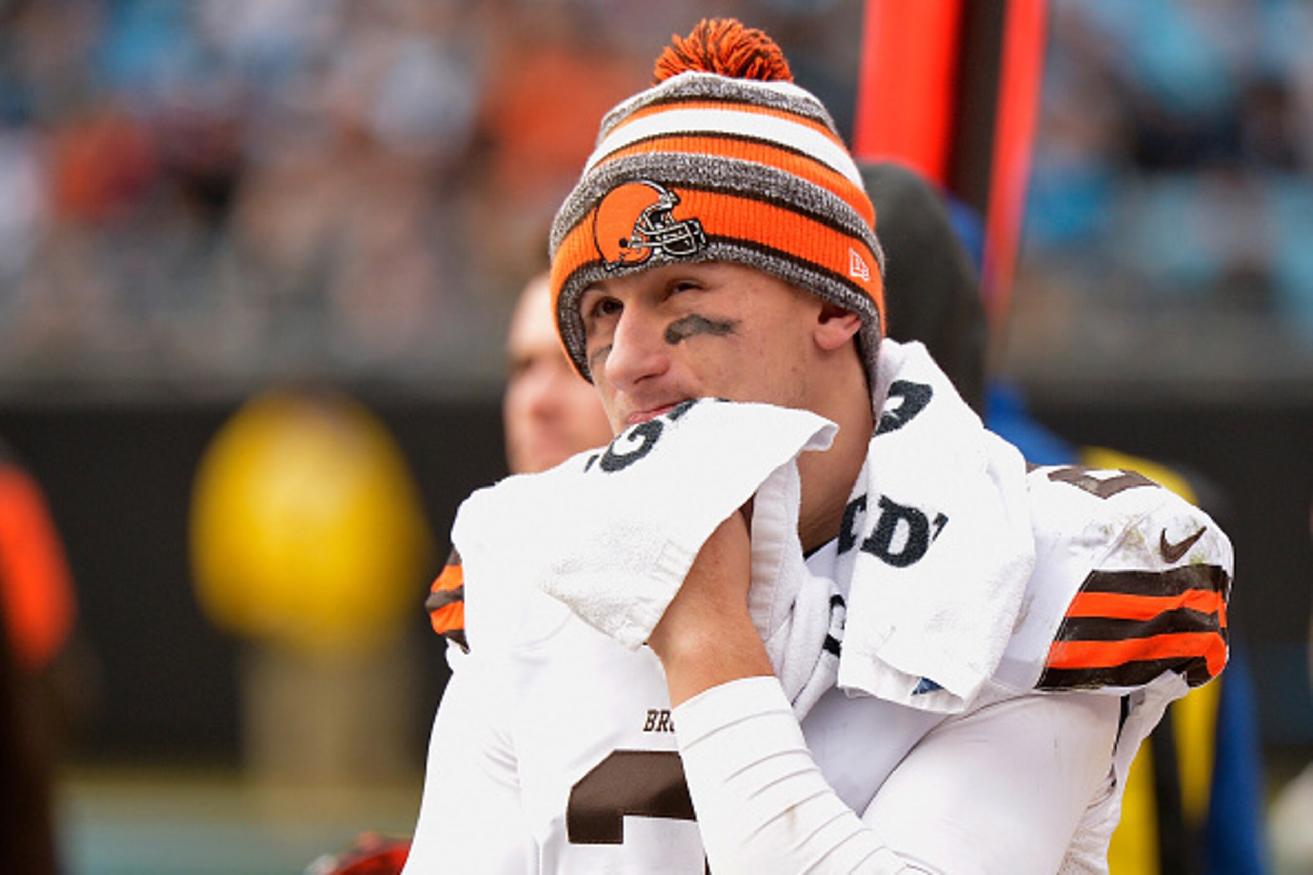 CHARLOTTE, NC - DECEMBER 21: Johnny Manziel #2 of the Cleveland Browns watches from the bench during the second half of a loss to the Carolina Panthers at Bank of America Stadium on December 21, 2014 in Charlotte, North Carolina. (Photo by Grant Halvers CHARLOTTE, NC - DECEMBER 21: Johnny Manziel #2 of the Cleveland Browns watches from the bench during the second half of a loss to the Carolina Panthers at Bank of America Stadium on December 21, 2014 in Charlotte, North Carolina. (Photo by Grant Halvers