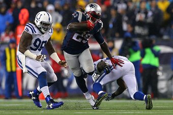 FOXBORO, MA - JANUARY 18:  LeGarrette Blount #29 of the New England Patriots runs with the ball in the second half against the Indianapolis Colts of the 2015 AFC Championship Game at Gillette Stadium on January 18, 2015 in Foxboro, Massachusetts.  (Photo 