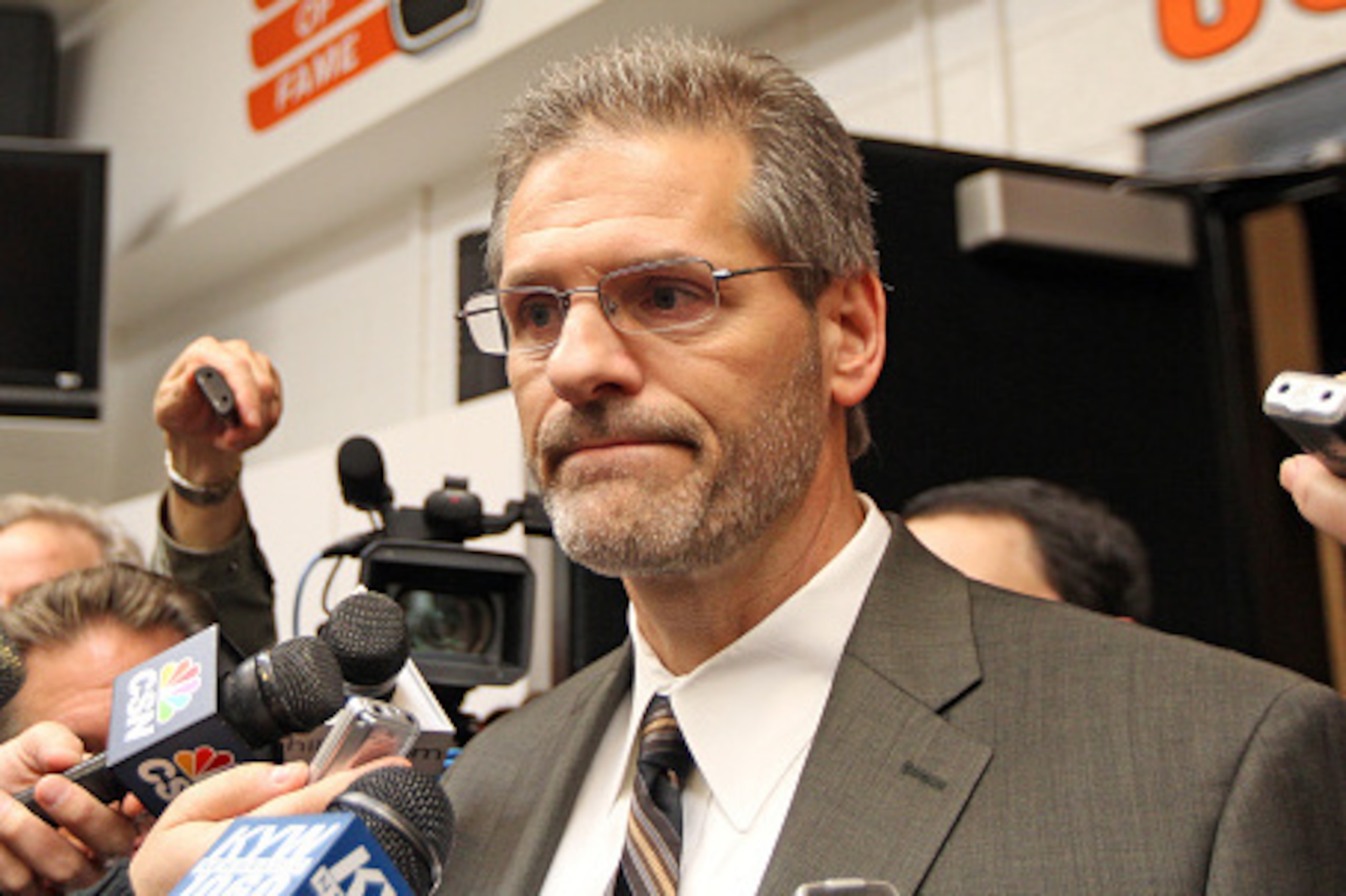 PHILADELPHIA, PA - NOVEMBER 04:  Philadelphia Flyers General Manager Ron Hextall speaks to the media after his team defeated the Edmonton Oilers 4-1 on November 4, 2014 at the Wells Fargo Center in Philadelphia, Pennsylvania.  (Photo by Len Redkoles/NHLI 