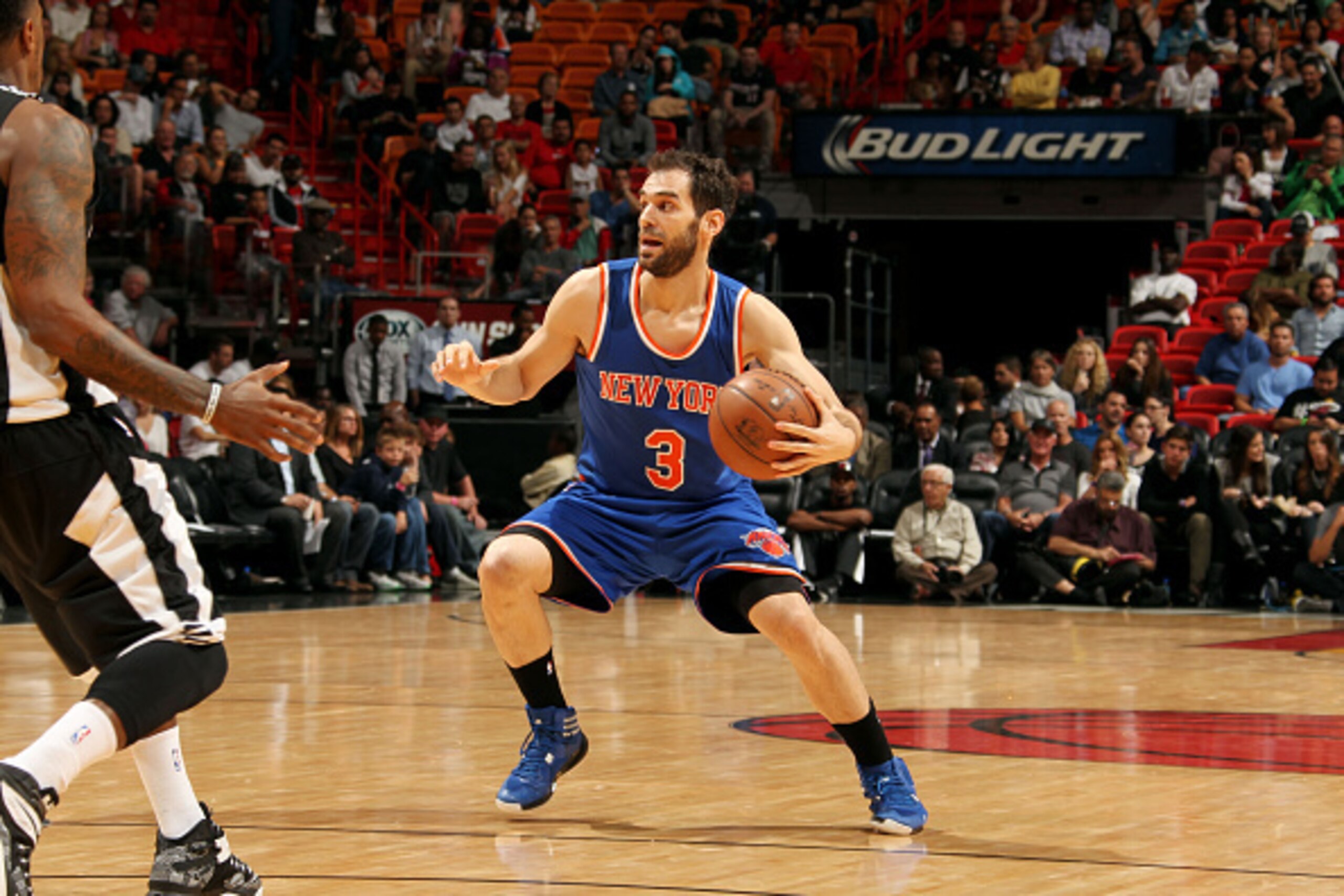 MIAMI, FL - FEBRUARY 9: Jose Calderon #3 of the New York Knicks handles the ball against the Miami Heat on February 9, 2015 at American Airlines Arena in Miami, Florida. NOTE TO USER: User expressly acknowledges and agrees that, by downloading and or usin