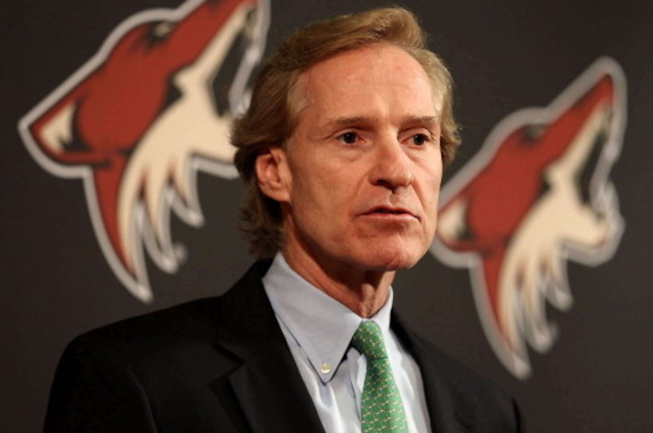 GLENDALE, AZ - NOVEMBER 23:  General manager Don Maloney of the Phoenix Coyotes speaks during a press conference to announce the contract signing of Kyle Turris (not pictured) before the NHL game against the Anaheim Ducks at Jobing.com Arena on November 2
