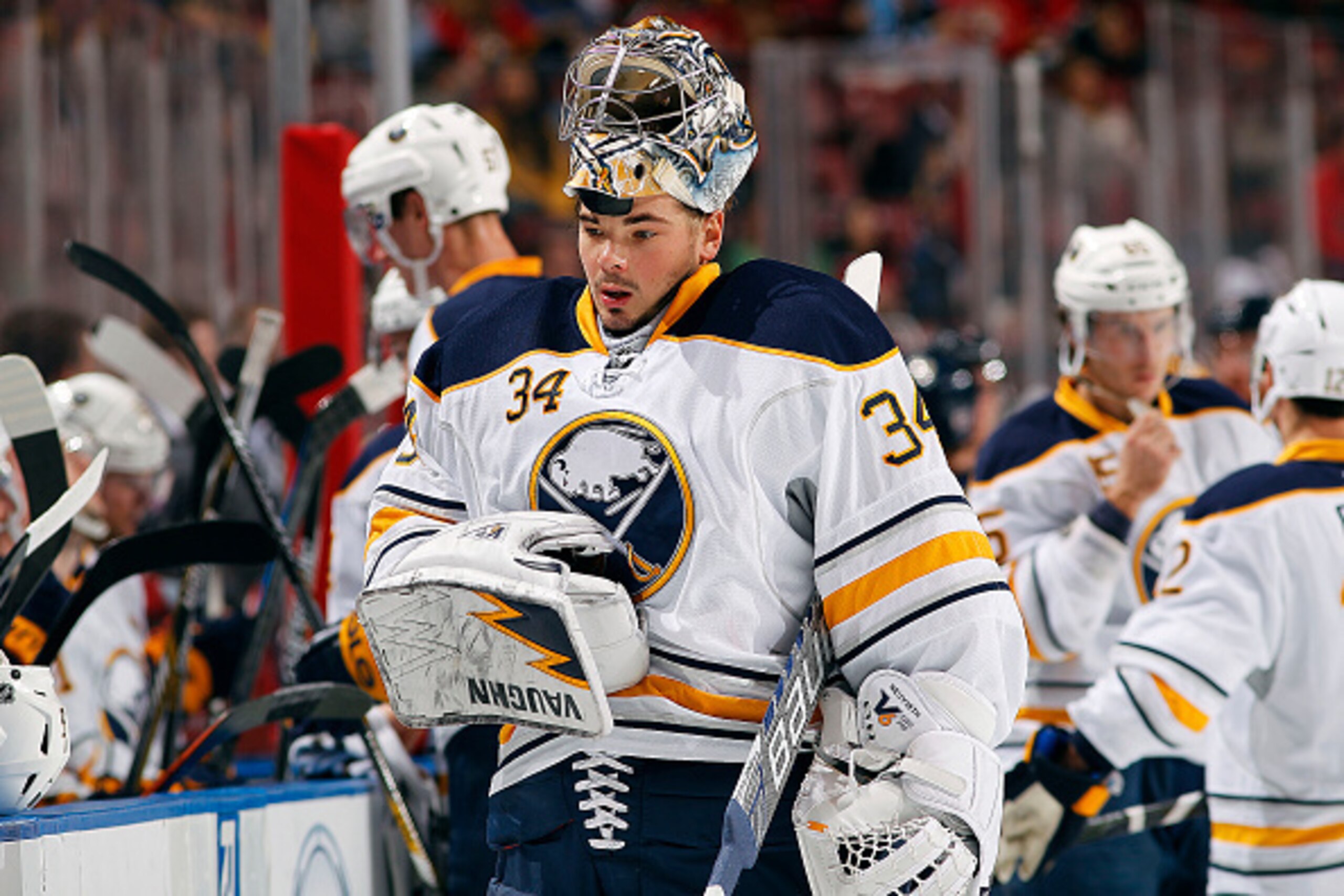 SUNRISE, FL - DECEMBER 6: Goaltender Michal Neuvirth #34 of the Buffalo Sabres cools off during a break in the action against the Florida Panthers at the BB&T Center on December 6, 2014 in Sunrise, Florida. (Photo by Eliot J. Schechter/NHLI via Getty Imag