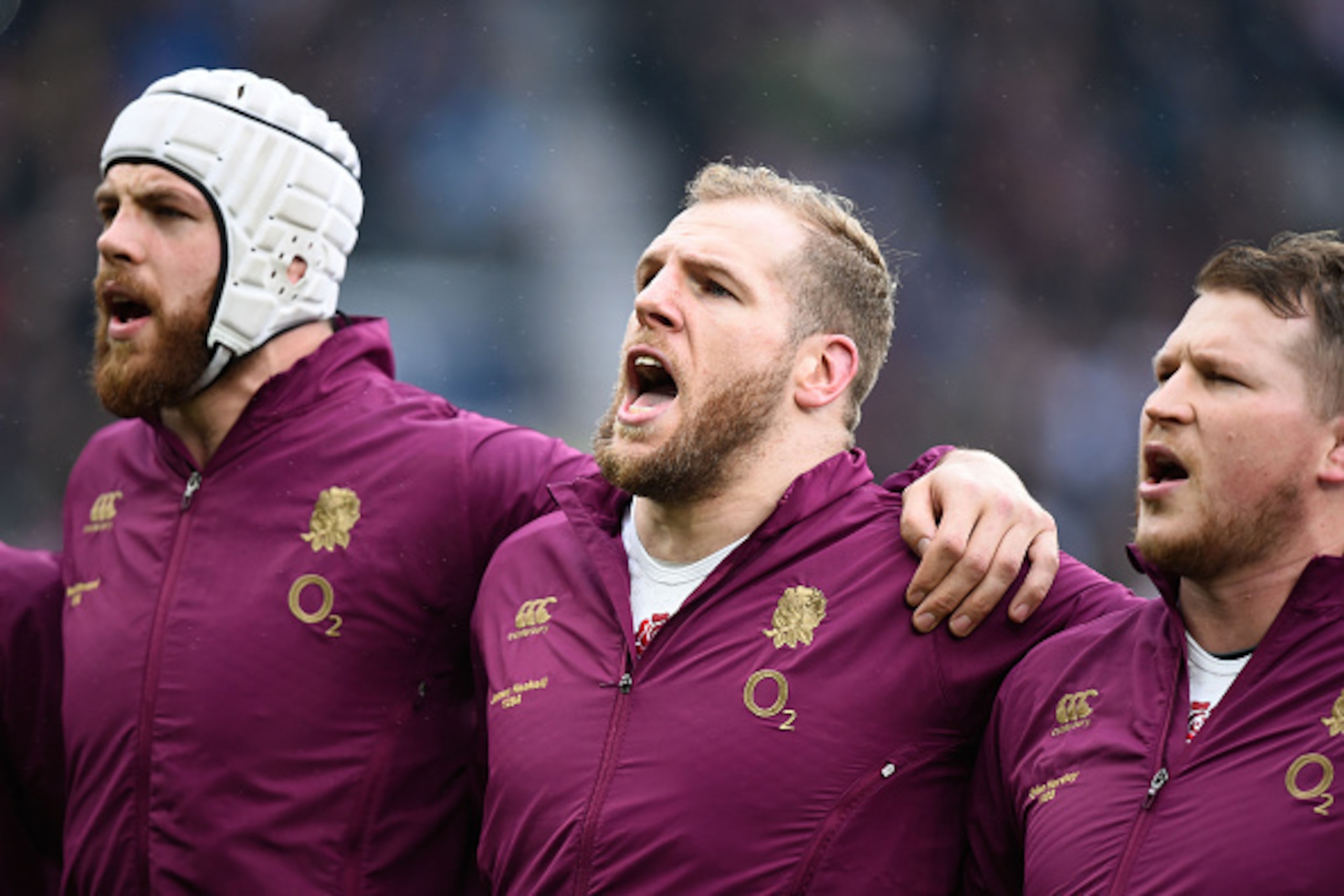 LONDON, ENGLAND - FEBRUARY 14:  (L-R) Dave Attwood of England, James Haskell of England and Dylan Hartley of England sing the national anthem prior to kickoff during the RBS Six Nations match between England and Italy at Twickenham Stadium on February 14,