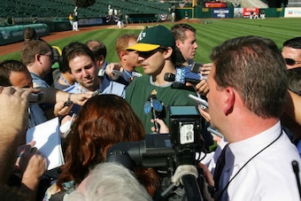 OAKLAND, CA - OCTOBER 11: Pitcher Barry Zito #75 of the Oakland Athletics addresses the media before Game Two of the American League Championship Series against the Detroit Tigers on October 11, 2006 at McAfee Coliseum in Oakland, California.  (Photo by J
