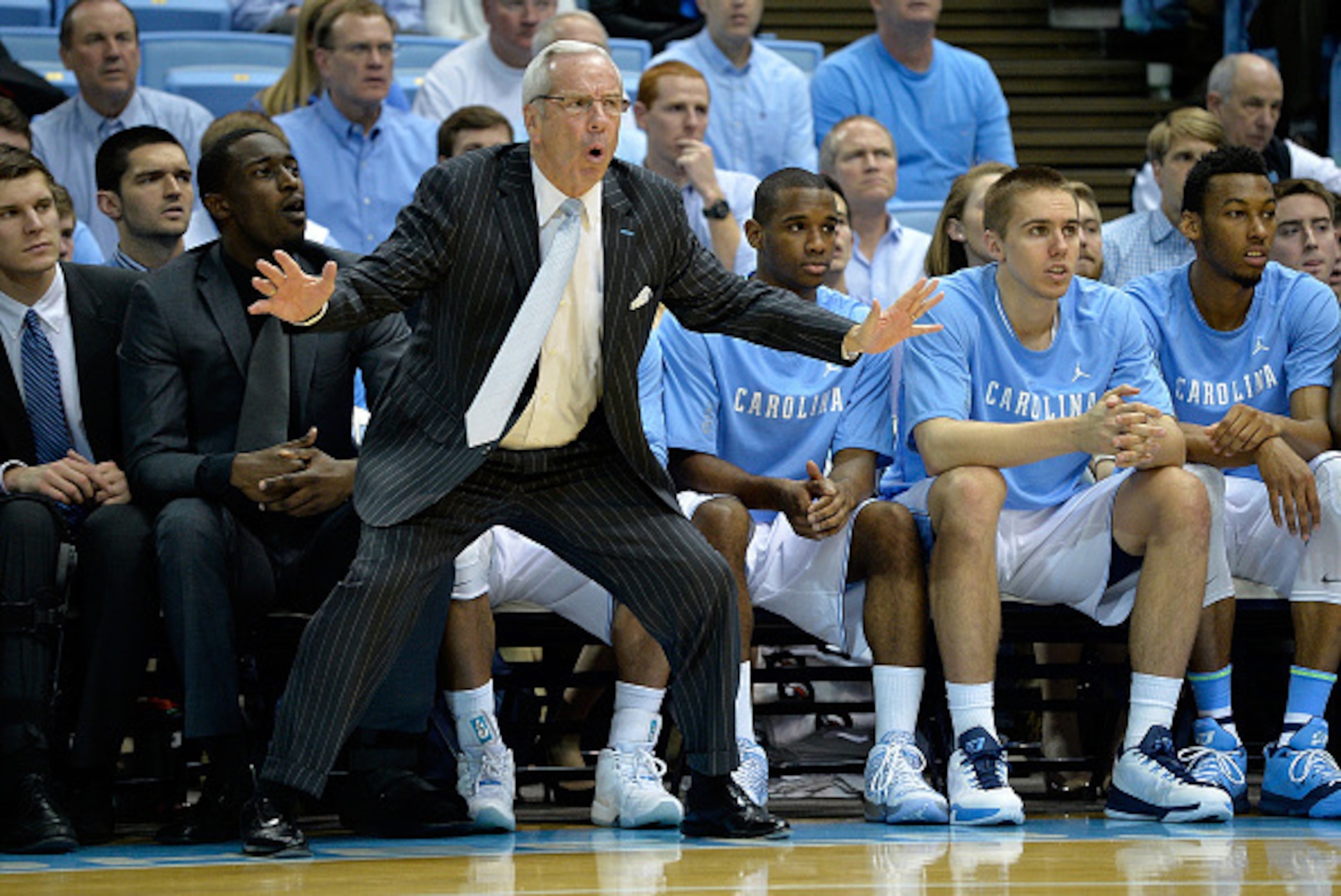 CHAPEL HILL, NC - FEBRUARY 02:  Head coach Roy Williams of the North Carolina Tar Heels  directs his team against the Virginia Cavaliers during their game at the Dean Smith Center on February 2, 2015 in Chapel Hill, North Carolina.  (Photo by Grant Halver
